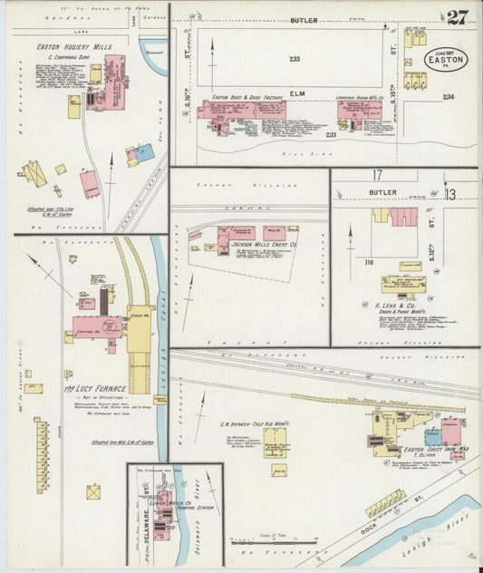 Sanborn Fire Insurance Map from Easton, Northampton County, Pennsylvania (1897), Sheet #0027 - Historic Sanborn Fire Insurance Map Print, vintage old map wall art, antique decor, genealogy gift, Pennsylvania Pennsylvania map