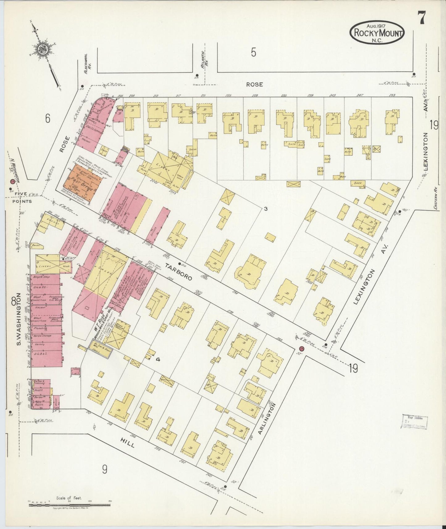 Sanborn Fire Insurance Map from Rocky Mount, Edgecombe And Nash Counties, North Carolina (1917), Sheet #0007 - Complete Map Set gallery image, historic Sanborn map, vintage wall art, North Carolina North Carolina