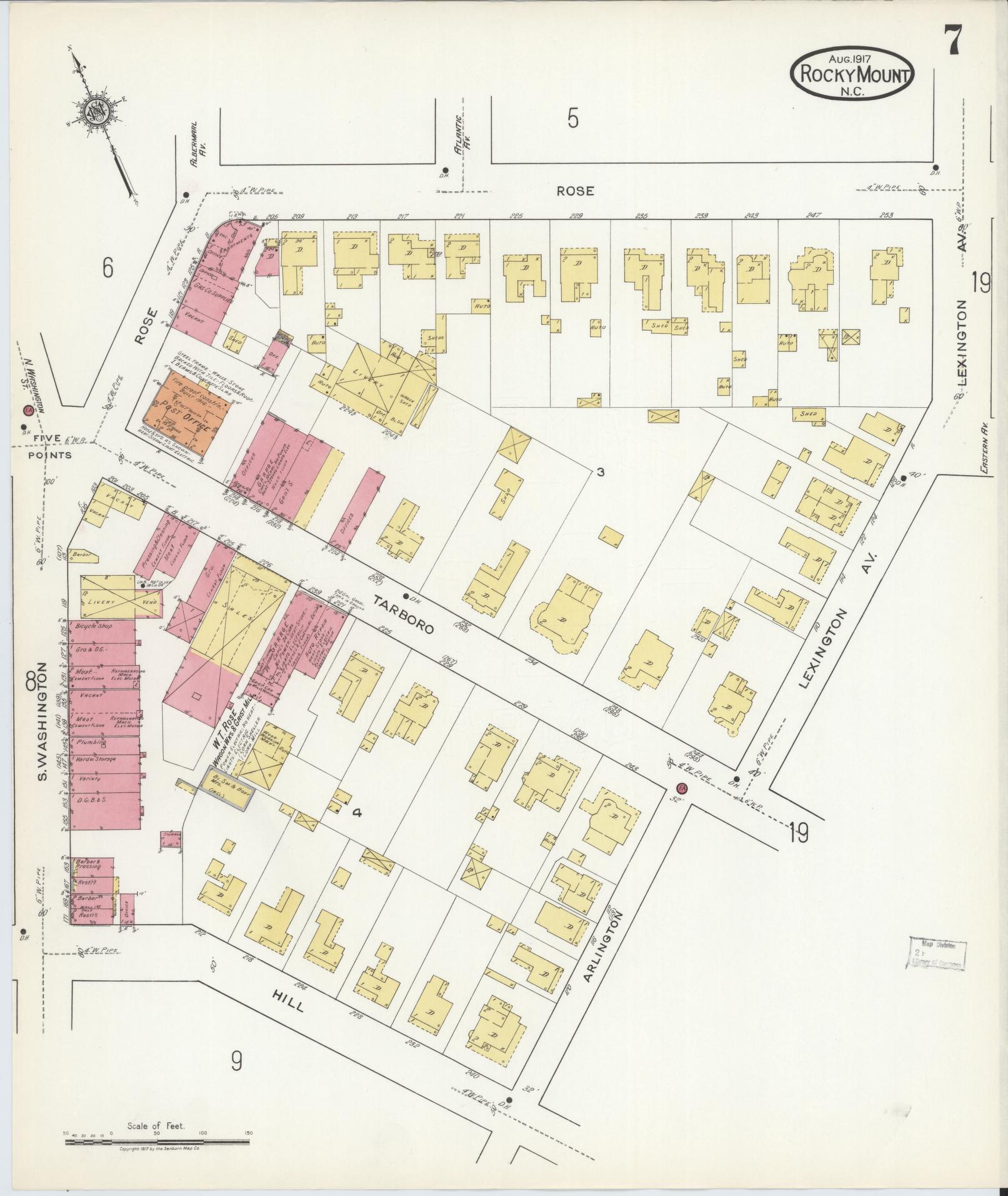 Sanborn Fire Insurance Map from Rocky Mount, Edgecombe And Nash Counties, North Carolina (1917), Sheet #0007 - Complete Map Set gallery image, historic Sanborn map, vintage wall art, North Carolina North Carolina