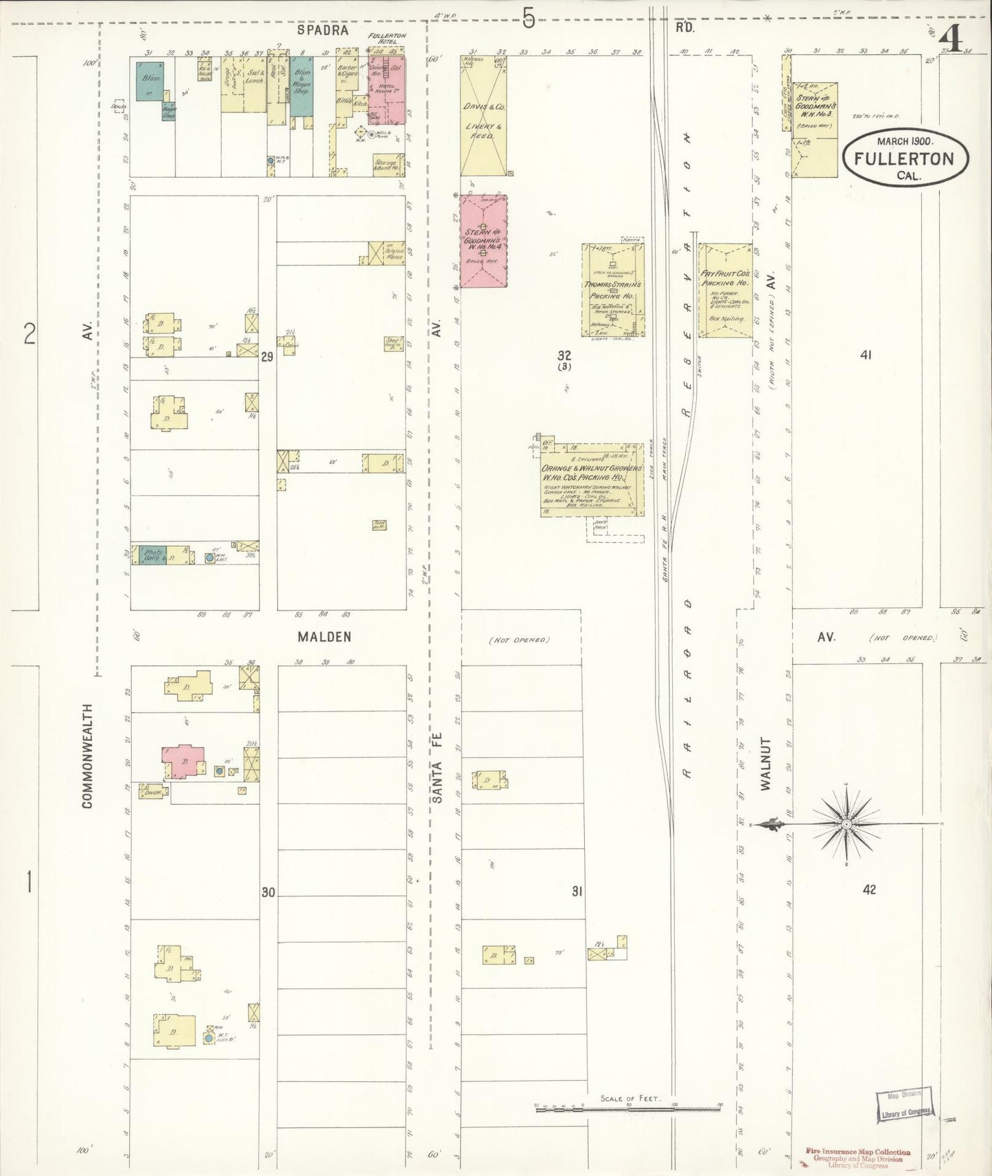 Sanborn Fire Insurance Map from Fullerton, Orange County, California (1900), Sheet #0004 - Historic Sanborn Fire Insurance Map Print, vintage old map wall art, antique decor, genealogy gift, California California map