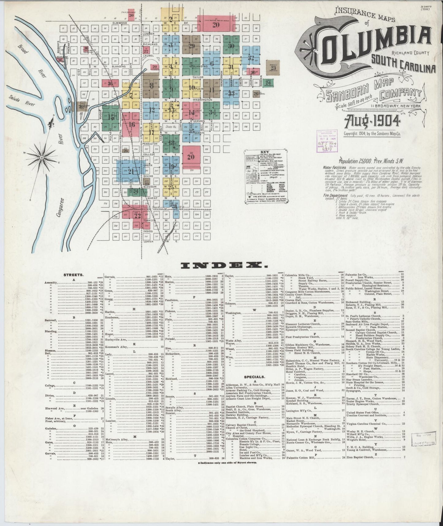 Sanborn Fire Insurance Map from Columbia, Richland County, South Carolina (1904), Sheet #0001 - Complete Map Set gallery image, historic Sanborn map, vintage wall art, South Carolina South Carolina
