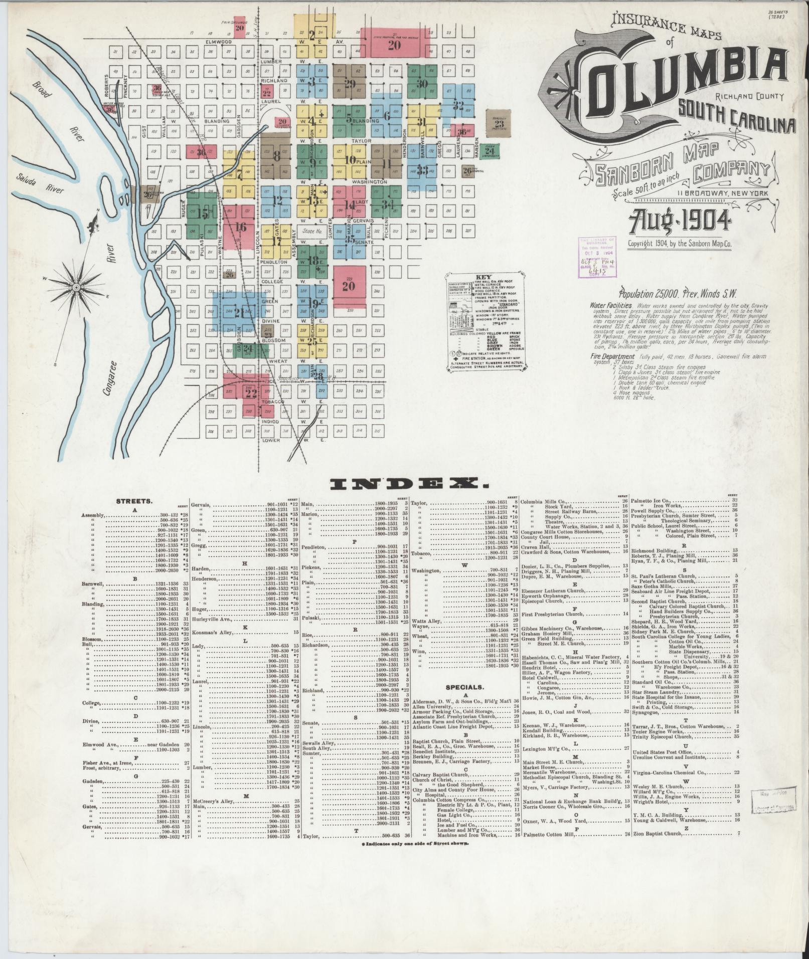 Sanborn Fire Insurance Map from Columbia, Richland County, South Carolina (1904), Sheet #0001 - Complete Map Set gallery image, historic Sanborn map, vintage wall art, South Carolina South Carolina