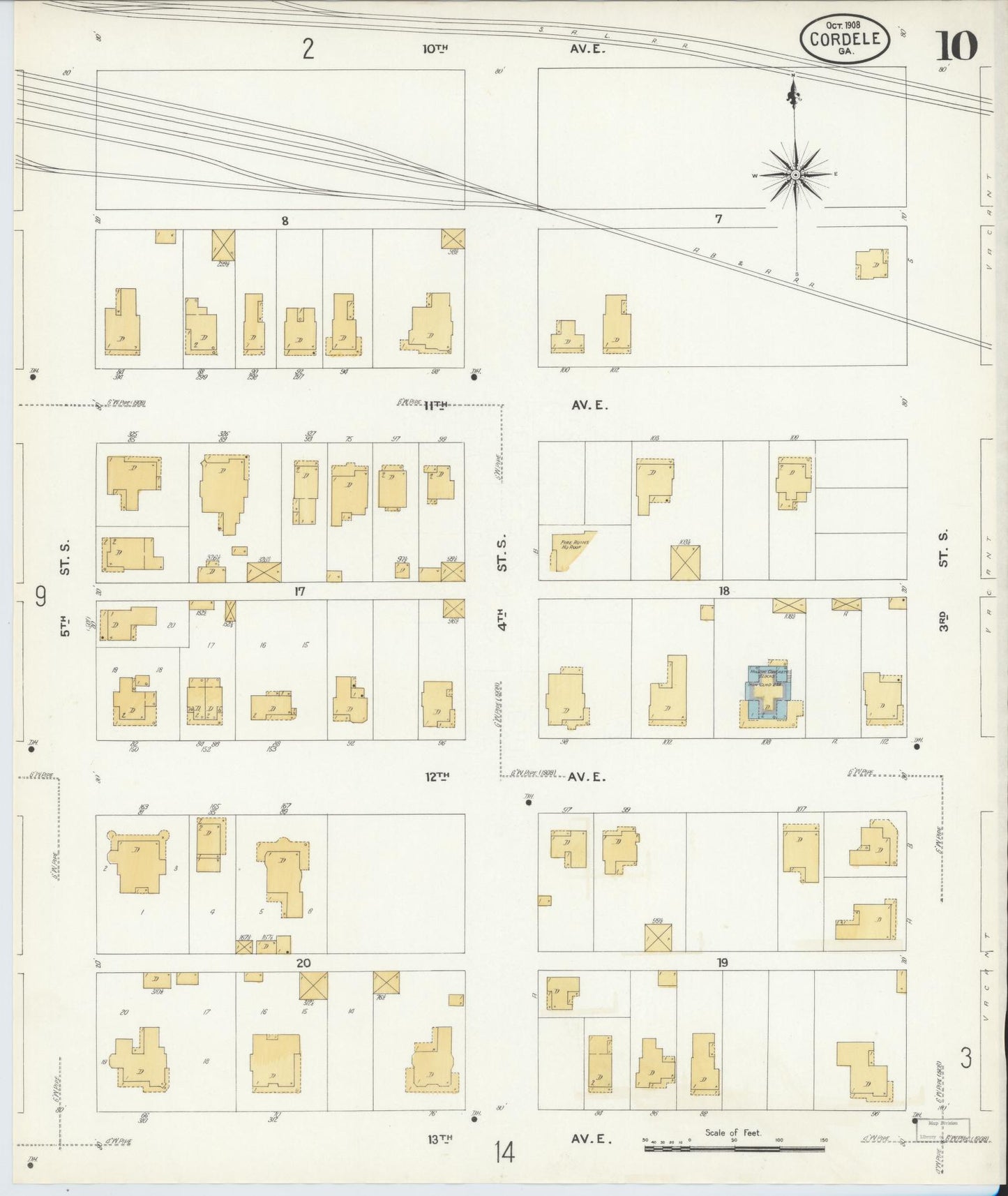 Sanborn Fire Insurance Map from Cordele, Crisp County, Georgia (1908), Sheet #0010 - Historic Sanborn Fire Insurance Map Print, vintage old map wall art, antique decor, genealogy gift, Georgia Georgia map