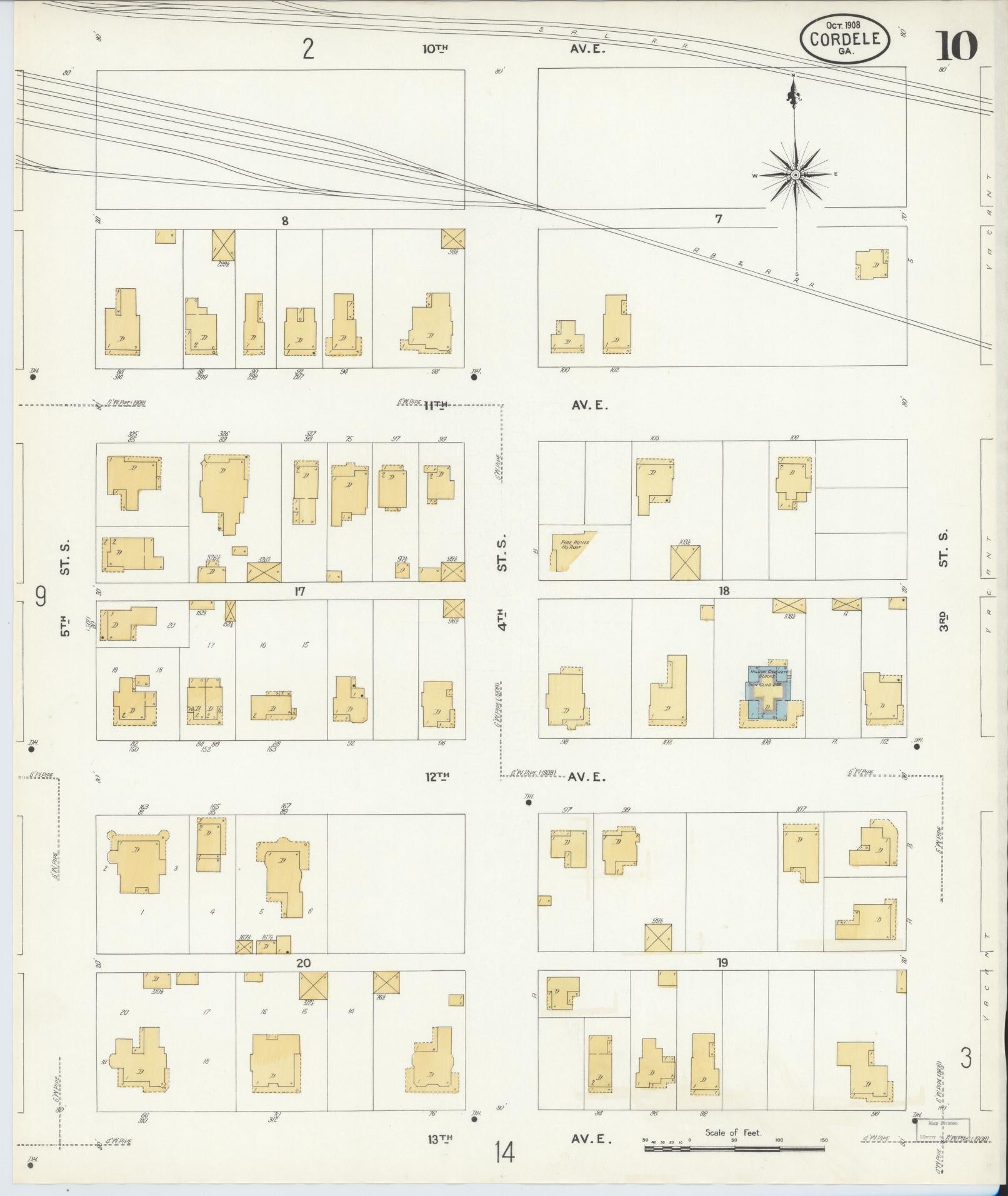 Sanborn Fire Insurance Map from Cordele, Crisp County, Georgia (1908), Sheet #0010 - Historic Sanborn Fire Insurance Map Print, vintage old map wall art, antique decor, genealogy gift, Georgia Georgia map
