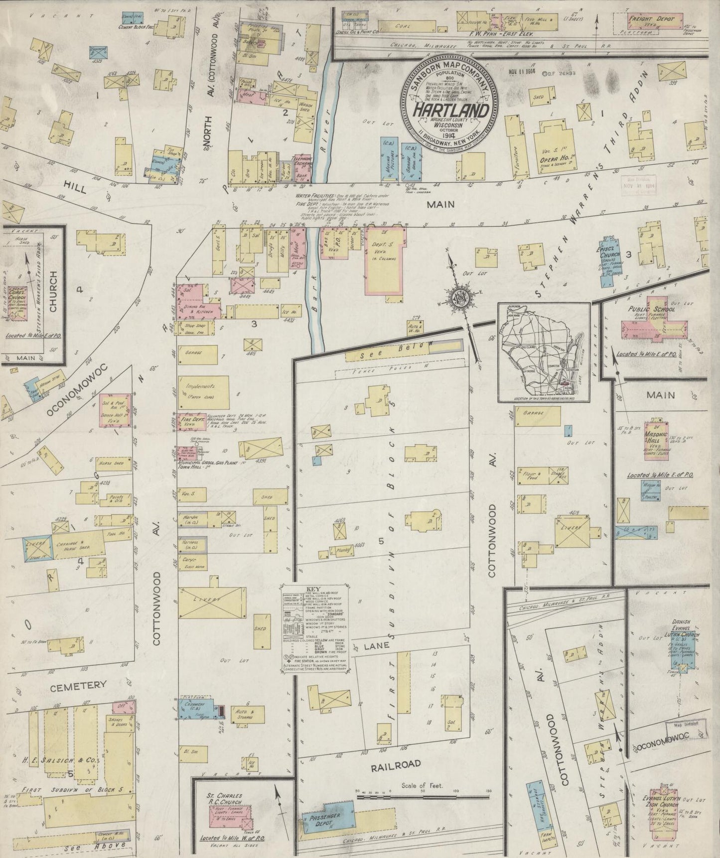 Sanborn Fire Insurance Map from Hartland, Waukesha County, Wisconsin (1914), Sheet #0001 - Historic Sanborn Fire Insurance Map Print, vintage old map wall art, antique decor, genealogy gift, Wisconsin Wisconsin map