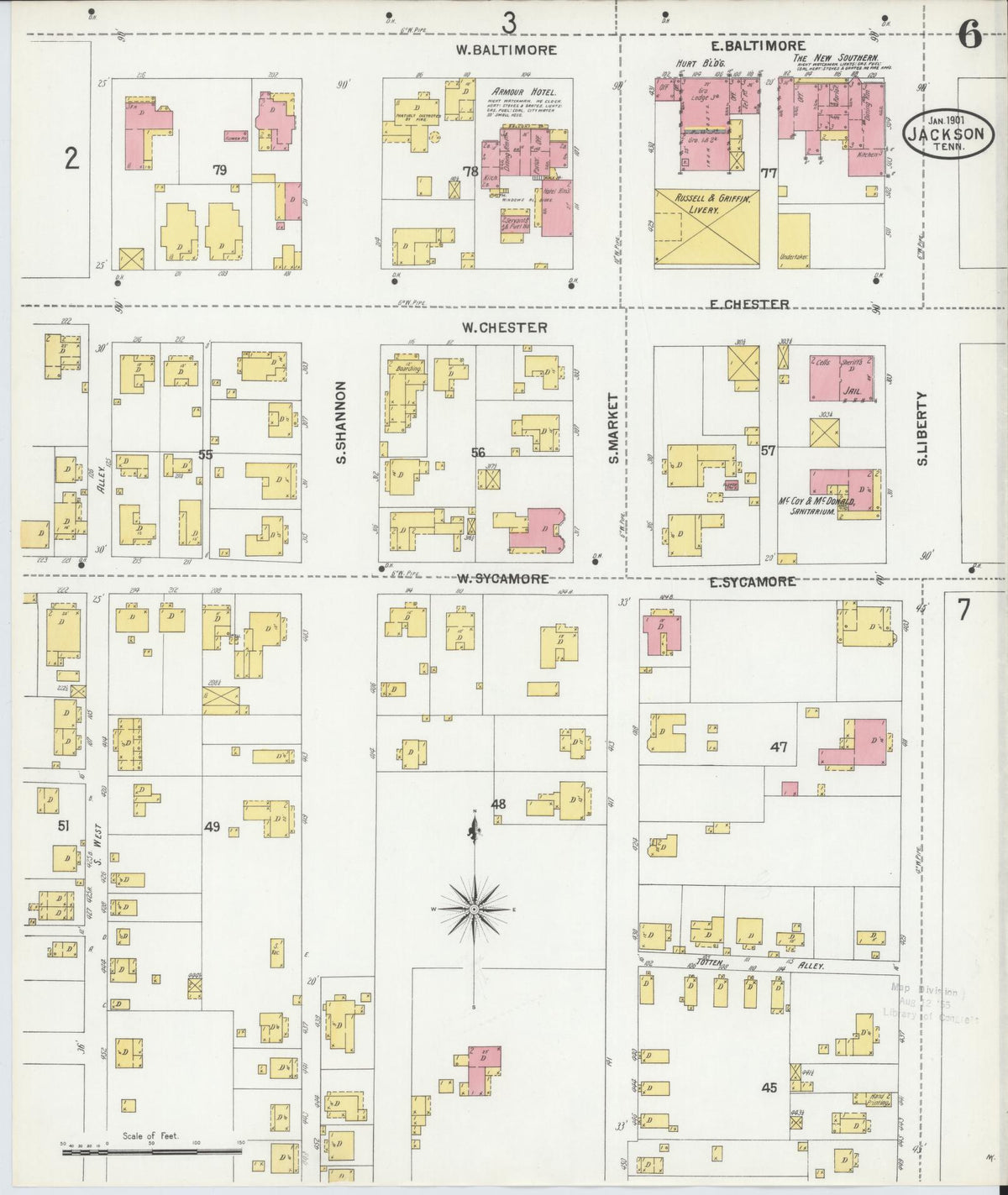 Sanborn Fire Insurance Map from Jackson, Madison County, Tennessee (1901), Sheet #0006 - Complete Map Set gallery image, historic Sanborn map, vintage wall art, Tennessee Tennessee