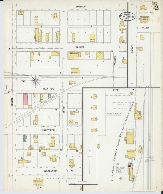 Sanborn Fire Insurance Map from Pinconning, Bay County, Michigan (1900), Sheet #0002 - Historic Sanborn Fire Insurance Map Print, vintage old map wall art, antique decor, genealogy gift, Michigan Michigan map