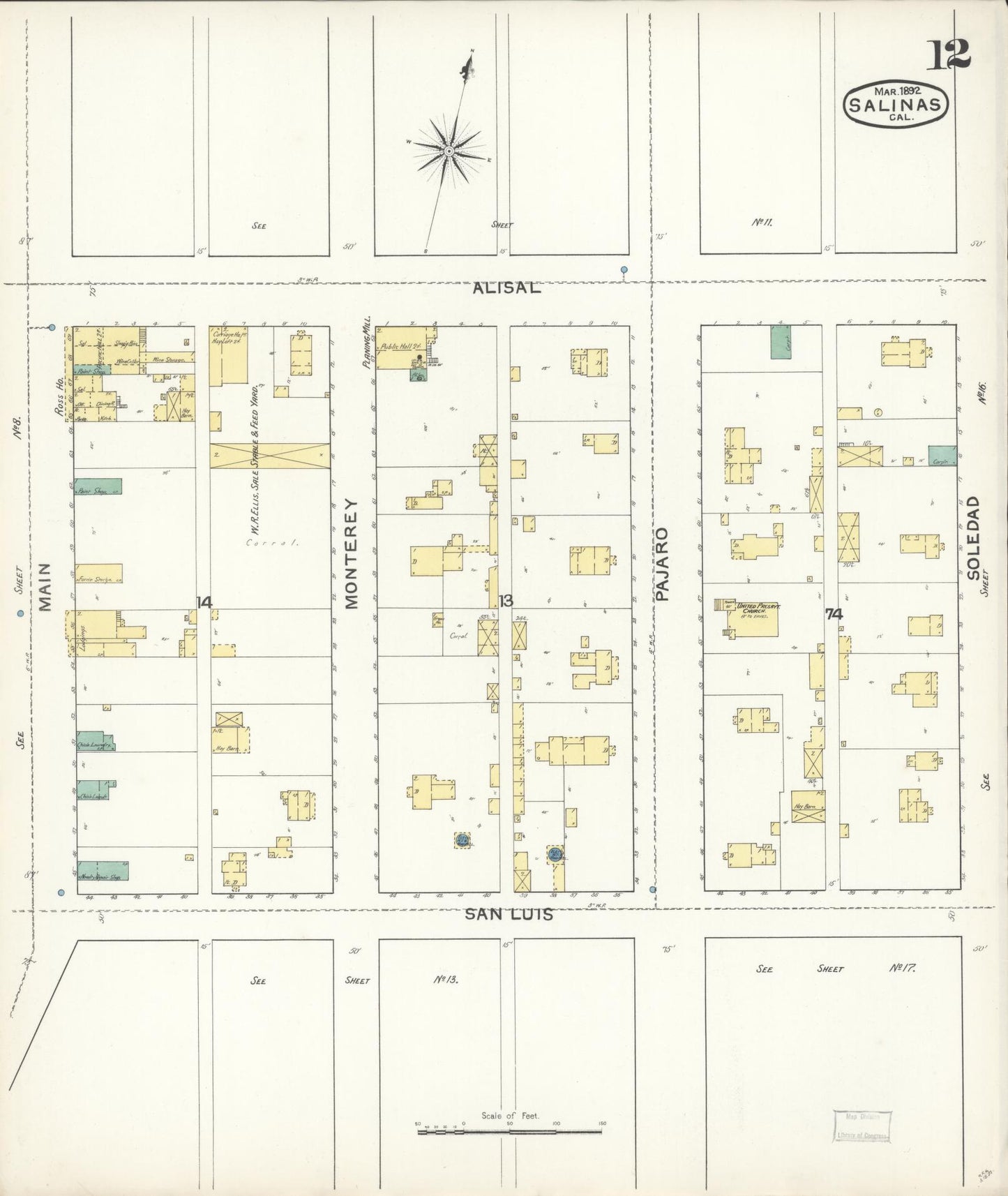 Sanborn Fire Insurance Map from Salinas, Monterey County, California (1892), Sheet #0012 - Complete Map Set gallery image, historic Sanborn map, vintage wall art, California California