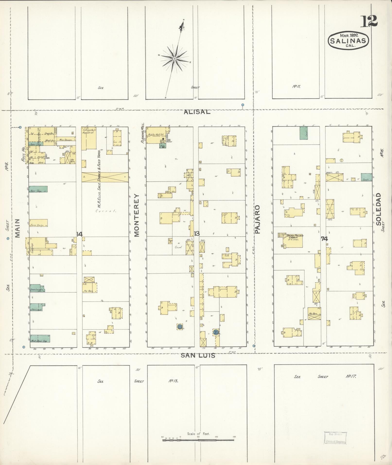 Sanborn Fire Insurance Map from Salinas, Monterey County, California (1892), Sheet #0012 - Complete Map Set gallery image, historic Sanborn map, vintage wall art, California California
