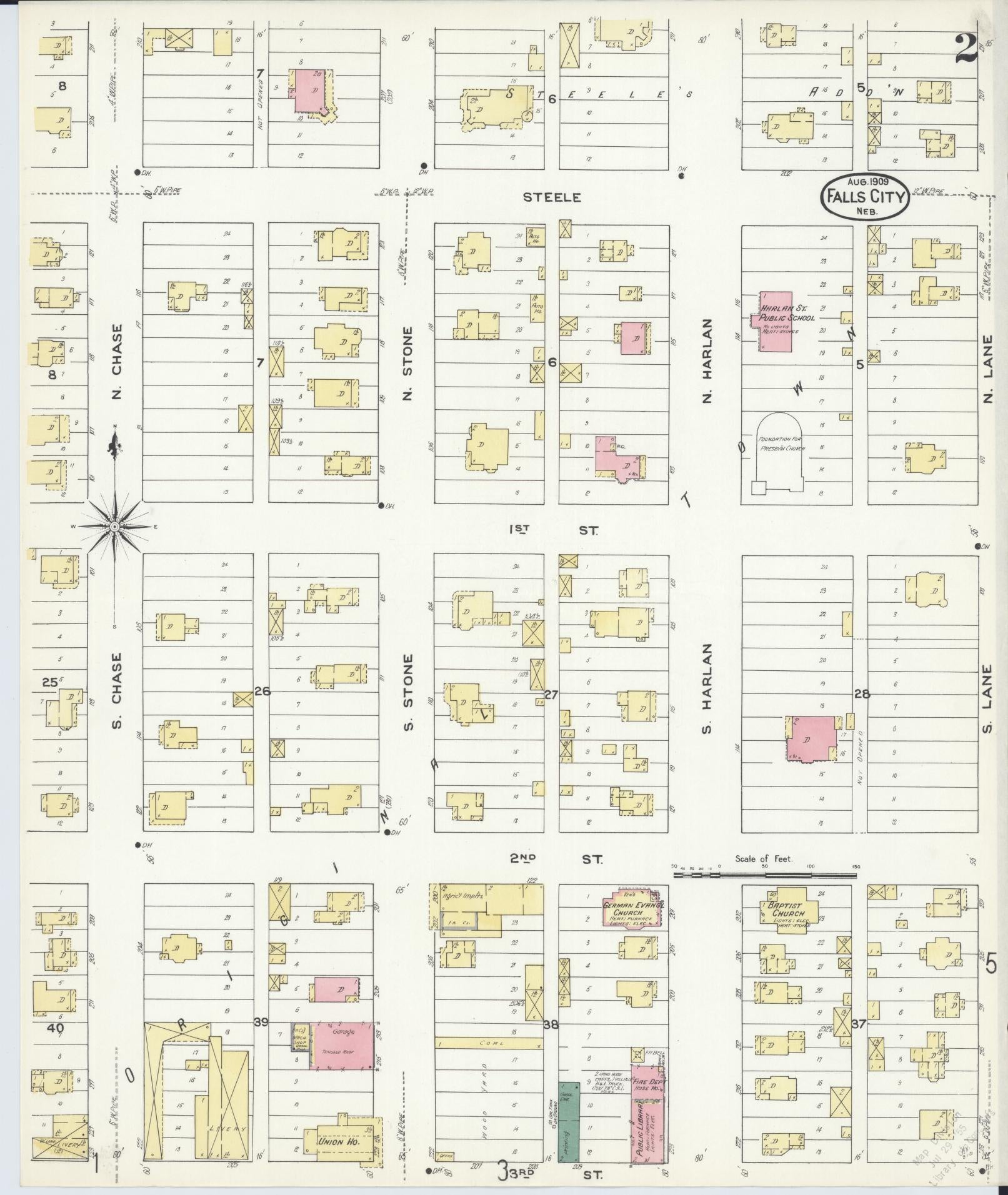 Sanborn Fire Insurance Map from Falls City, Richardson County, Nebraska (1909), Sheet #0002 - Complete Map Set gallery image, historic Sanborn map, vintage wall art, Nebraska Nebraska