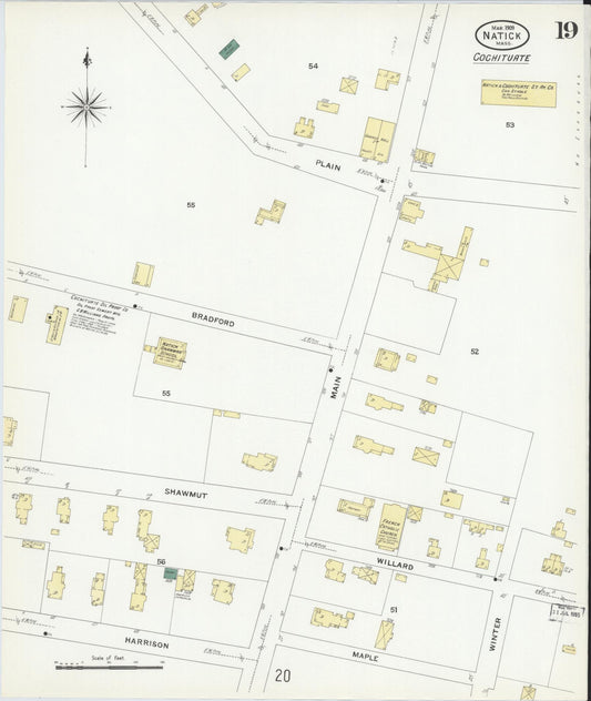 Sanborn Fire Insurance Map from Natick, Middlesex County, Massachusetts (1909), Sheet #0019 - Historic Sanborn Fire Insurance Map Print, vintage old map wall art, antique decor, genealogy gift, Massachusetts Massachusetts map