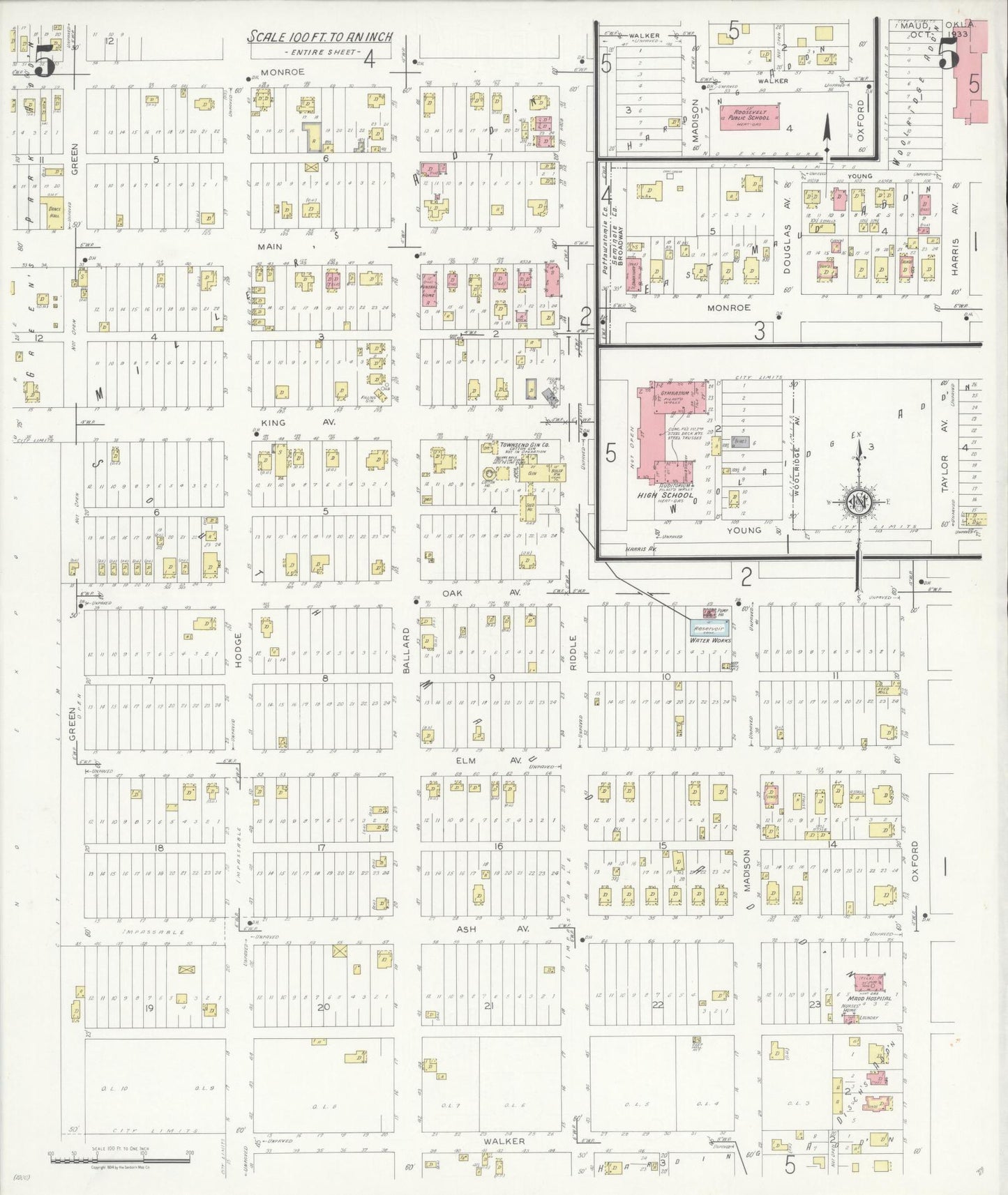 Sanborn Fire Insurance Map from Maud, Pottawatomie County, Oklahoma (1933), Sheet #0005 - Historic Sanborn Fire Insurance Map Print, vintage old map wall art, antique decor, genealogy gift, Oklahoma Oklahoma map