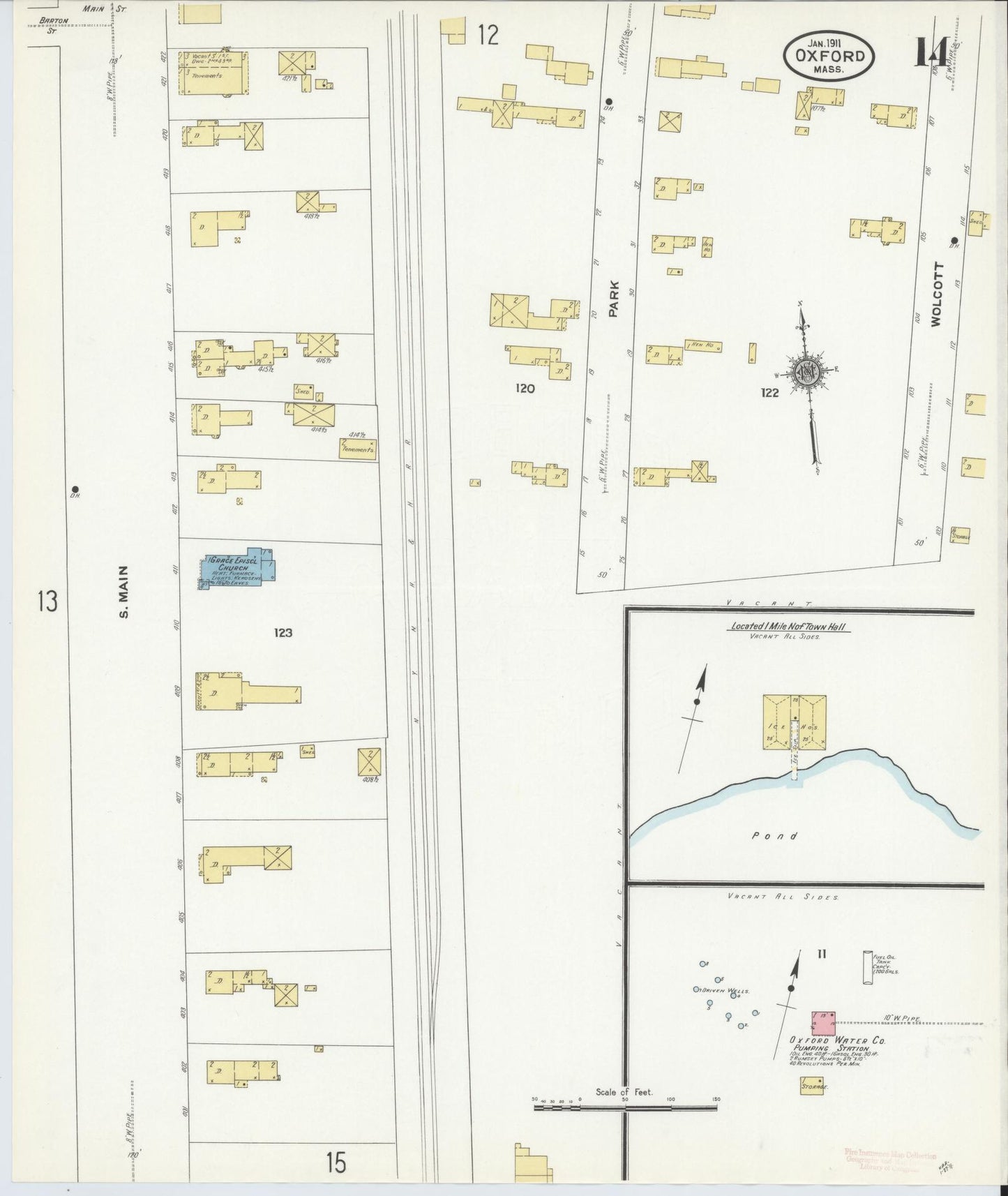 Sanborn Fire Insurance Map from Oxford, Worcester County, Massachusetts (1911), Sheet #0014 - Historic Sanborn Fire Insurance Map Print, vintage old map wall art, antique decor, genealogy gift, Massachusetts Massachusetts map