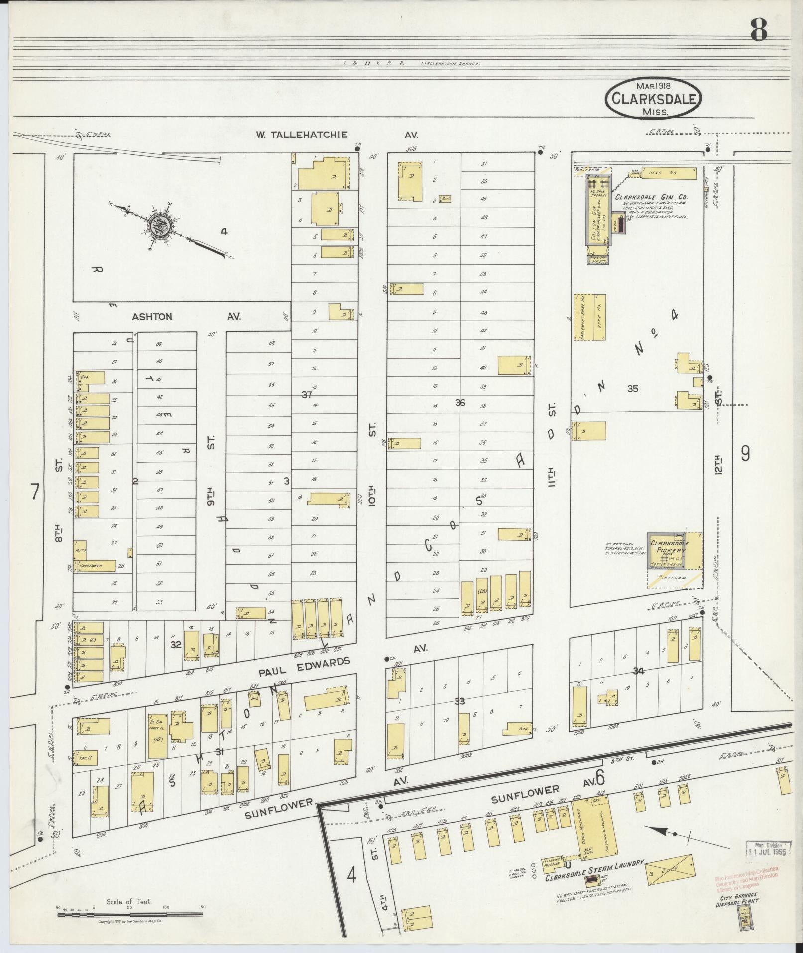 Sanborn Fire Insurance Map from Clarksdale, Coahoma County, Mississippi (1918), Sheet #0008 - Complete Map Set gallery image, historic Sanborn map, vintage wall art, Mississippi Mississippi