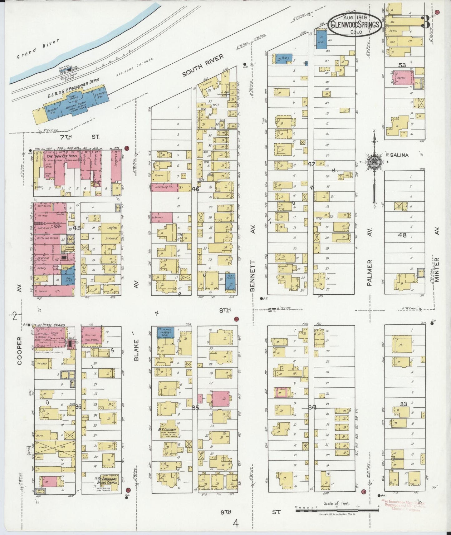 Sanborn Fire Insurance Map from Glenwood Springs, Garfield County, Colorado (1919), Sheet #0003 - Complete Map Set gallery image, historic Sanborn map, vintage wall art, Colorado Colorado