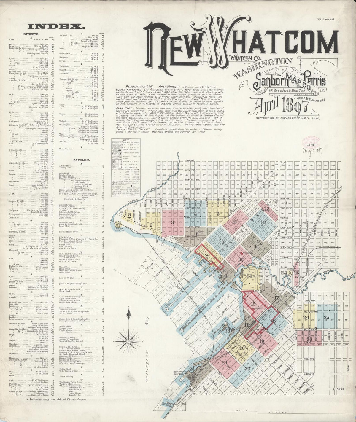 Sanborn Fire Insurance Map from New Whatcom, Whatcom County, Washington (1897), Sheet #0001 - Historic Sanborn Fire Insurance Map Print, vintage old map wall art, antique decor, genealogy gift, Washington Washington map