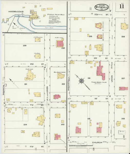 Sanborn Fire Insurance Map from Wytheville, Wythe County, Virginia (1921), Sheet #0011 - Historic Sanborn Fire Insurance Map Print, vintage old map wall art, antique decor, genealogy gift, Virginia Virginia map