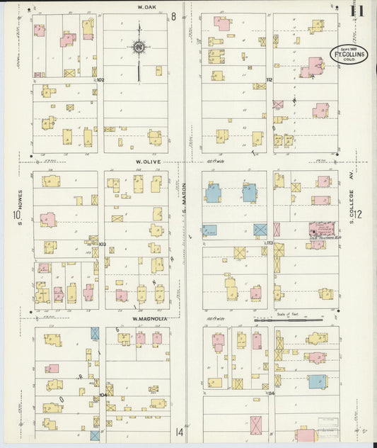 Sanborn Fire Insurance Map from Fort Collins, Larimer County, Colorado (1909), Sheet #0011 - Historic Sanborn Fire Insurance Map Print, vintage old map wall art, antique decor, genealogy gift, Colorado Colorado map