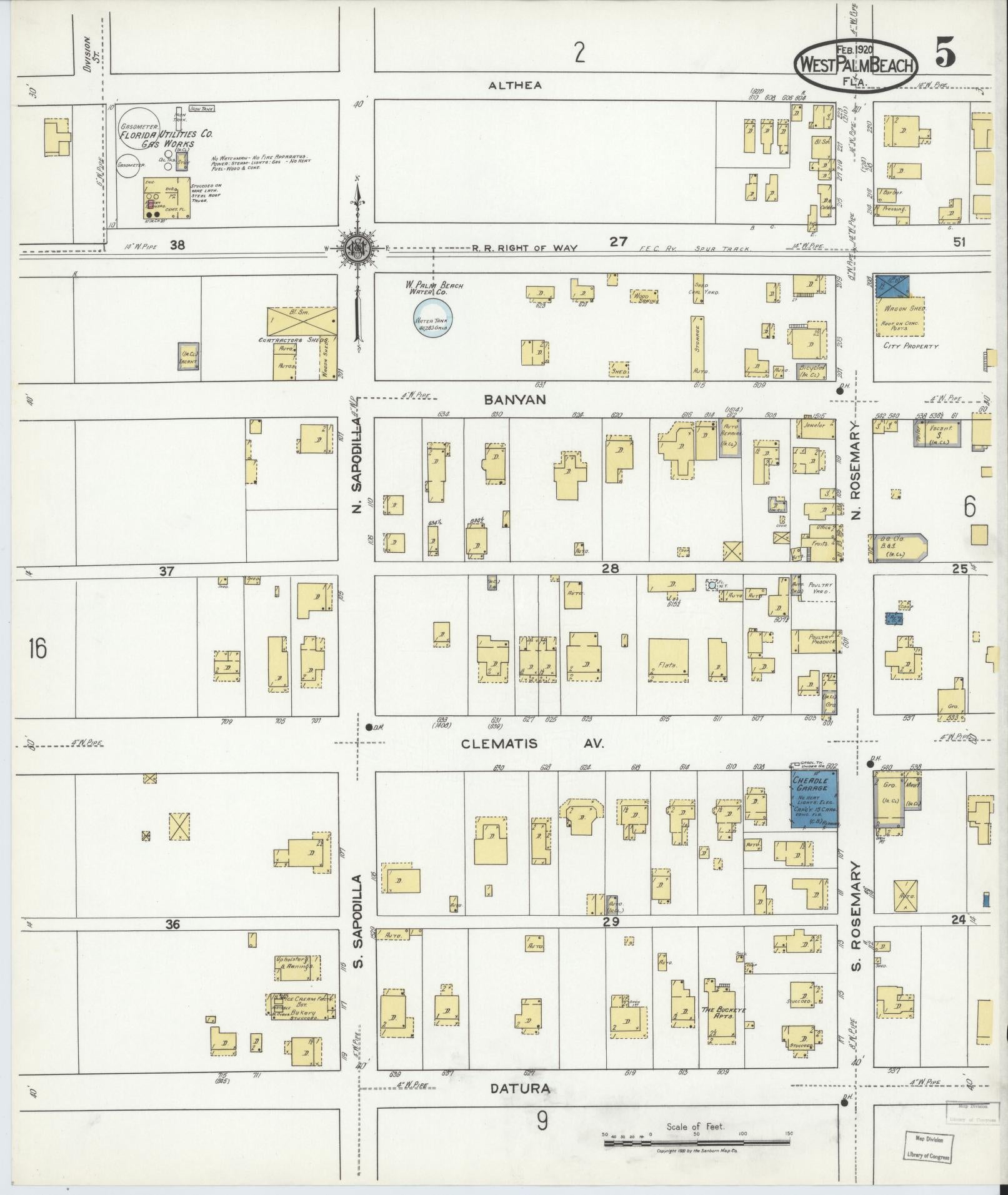 Sanborn Fire Insurance Map from West Palm Beach, Dade County, Florida (1920), Sheet #0005 - Historic Sanborn Fire Insurance Map Print, vintage old map wall art, antique decor, genealogy gift, Florida Florida map