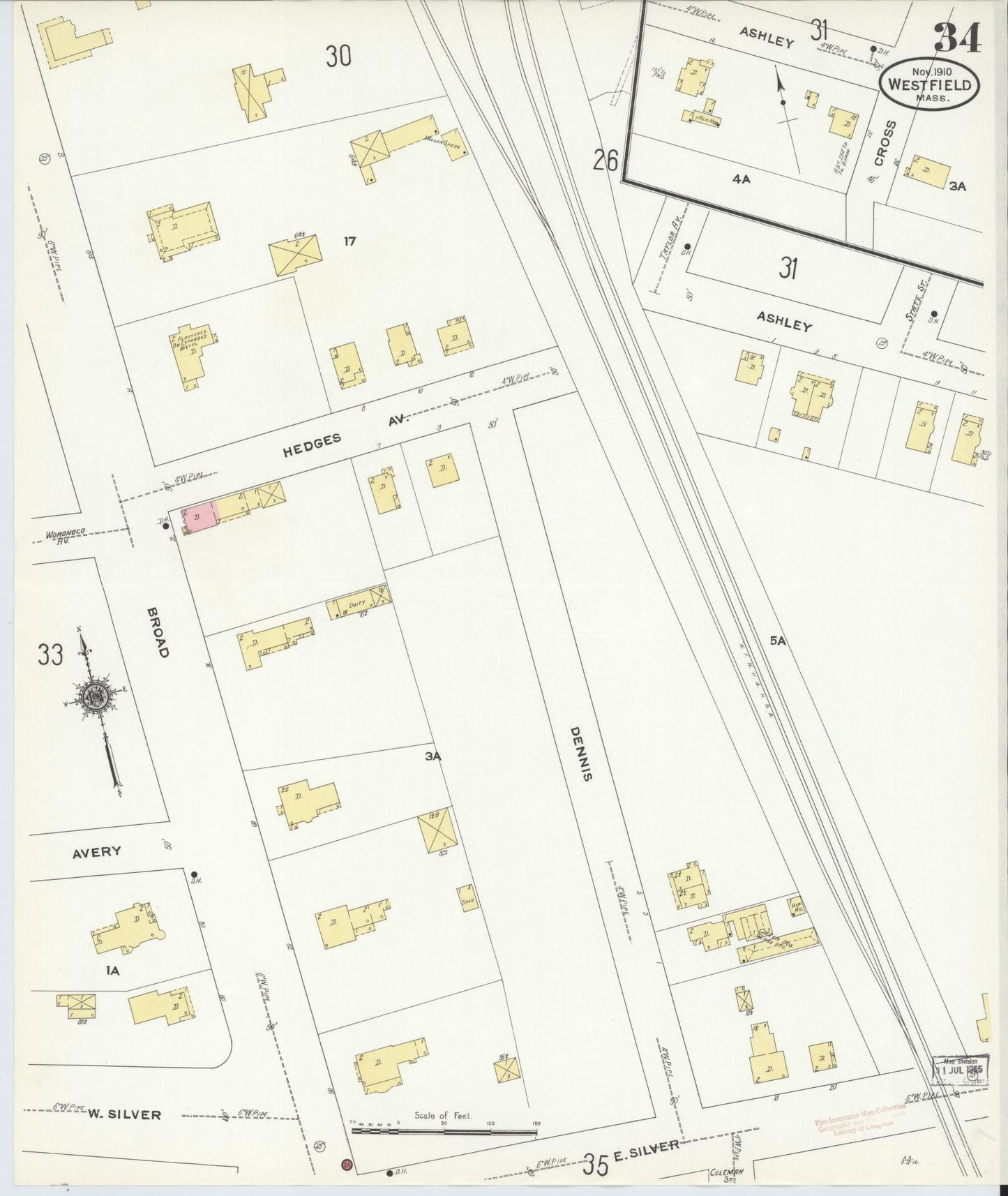 Sanborn Fire Insurance Map from Westfield, Hampden County, Massachusetts (1910), Sheet #0034 - Complete Map Set gallery image, historic Sanborn map, vintage wall art, Massachusetts Massachusetts