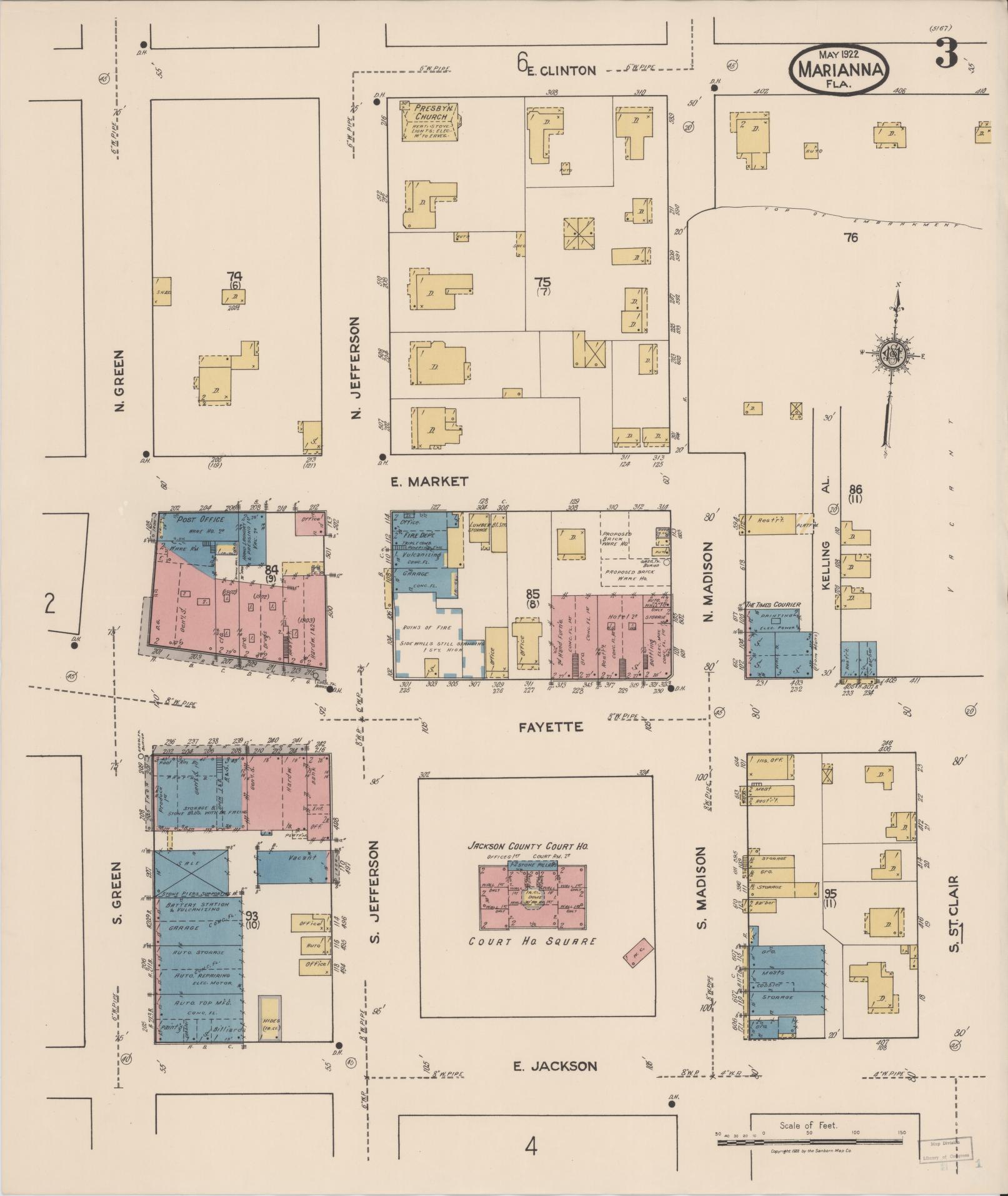 Sanborn Fire Insurance Map from Marianna, Jackson County, Florida (1922), Sheet #0003 - Historic Sanborn Fire Insurance Map Print, vintage old map wall art, antique decor, genealogy gift, Florida Florida map