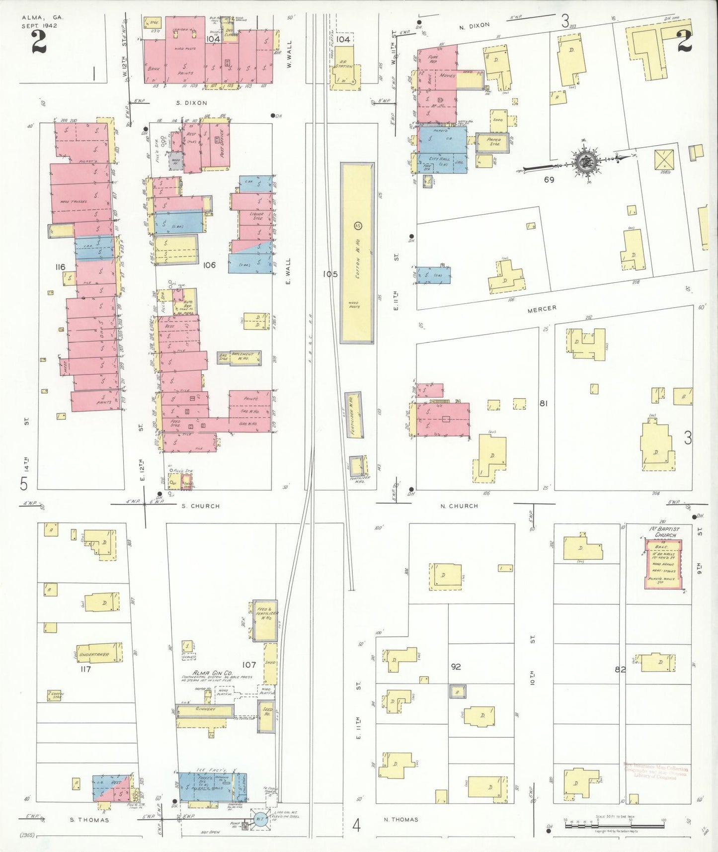 Sanborn Fire Insurance Map from Alma, Bacon County, Georgia (1942), Sheet #0002 - Historic Sanborn Fire Insurance Map Print, vintage old map wall art, antique decor, genealogy gift, Georgia Georgia map