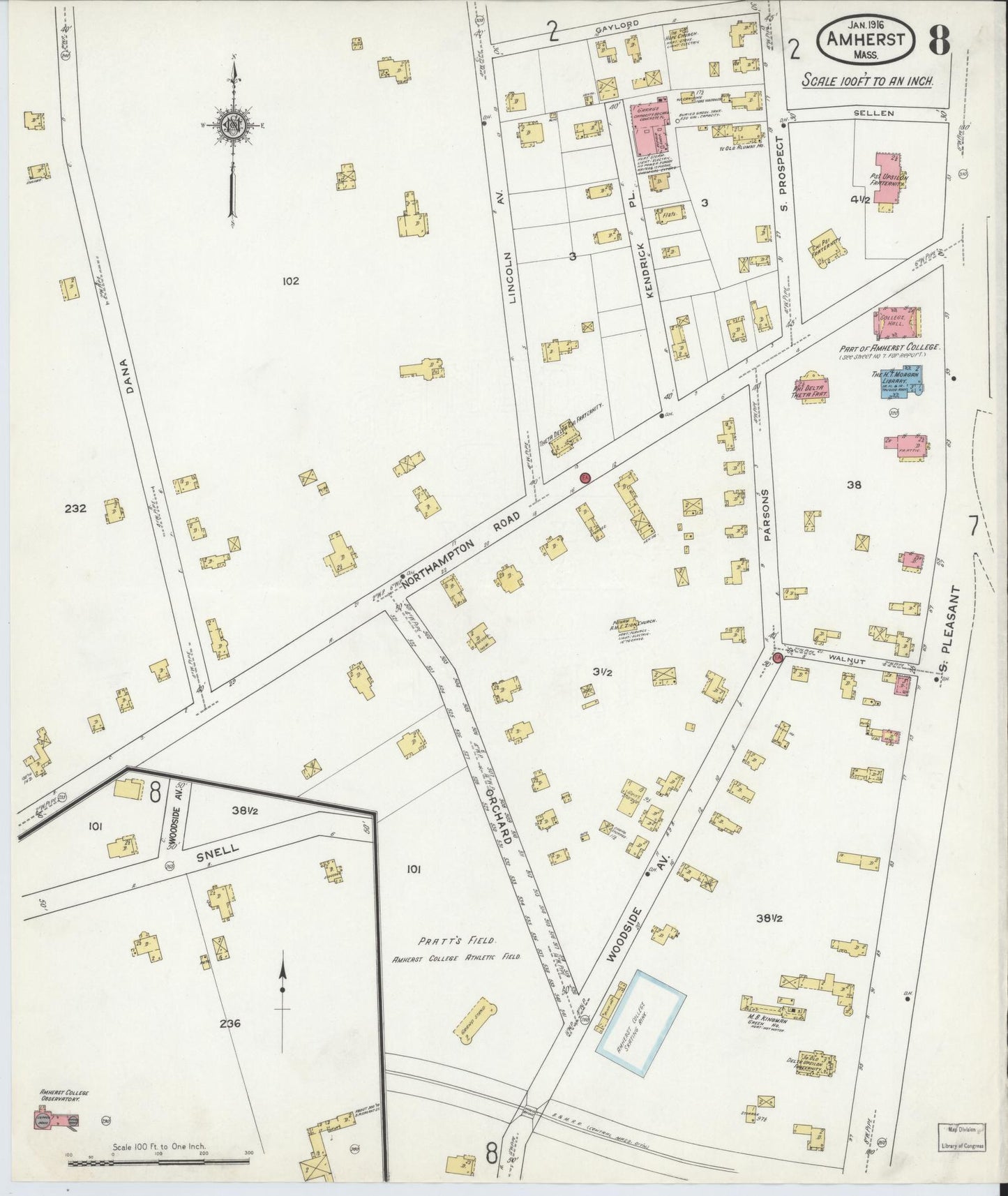 Sanborn Fire Insurance Map from Amherst, Hampshire County, Massachusetts (1916), Sheet #0008 - Complete Map Set gallery image, historic Sanborn map, vintage wall art, Massachusetts Massachusetts