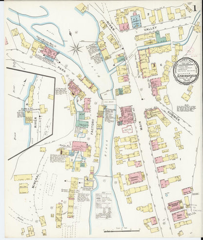 Sanborn Fire Insurance Map from Springfield, Windsor County, Vermont (1894), Sheet #0001 - Complete Map Set gallery image, historic Sanborn map, vintage wall art, Vermont Vermont