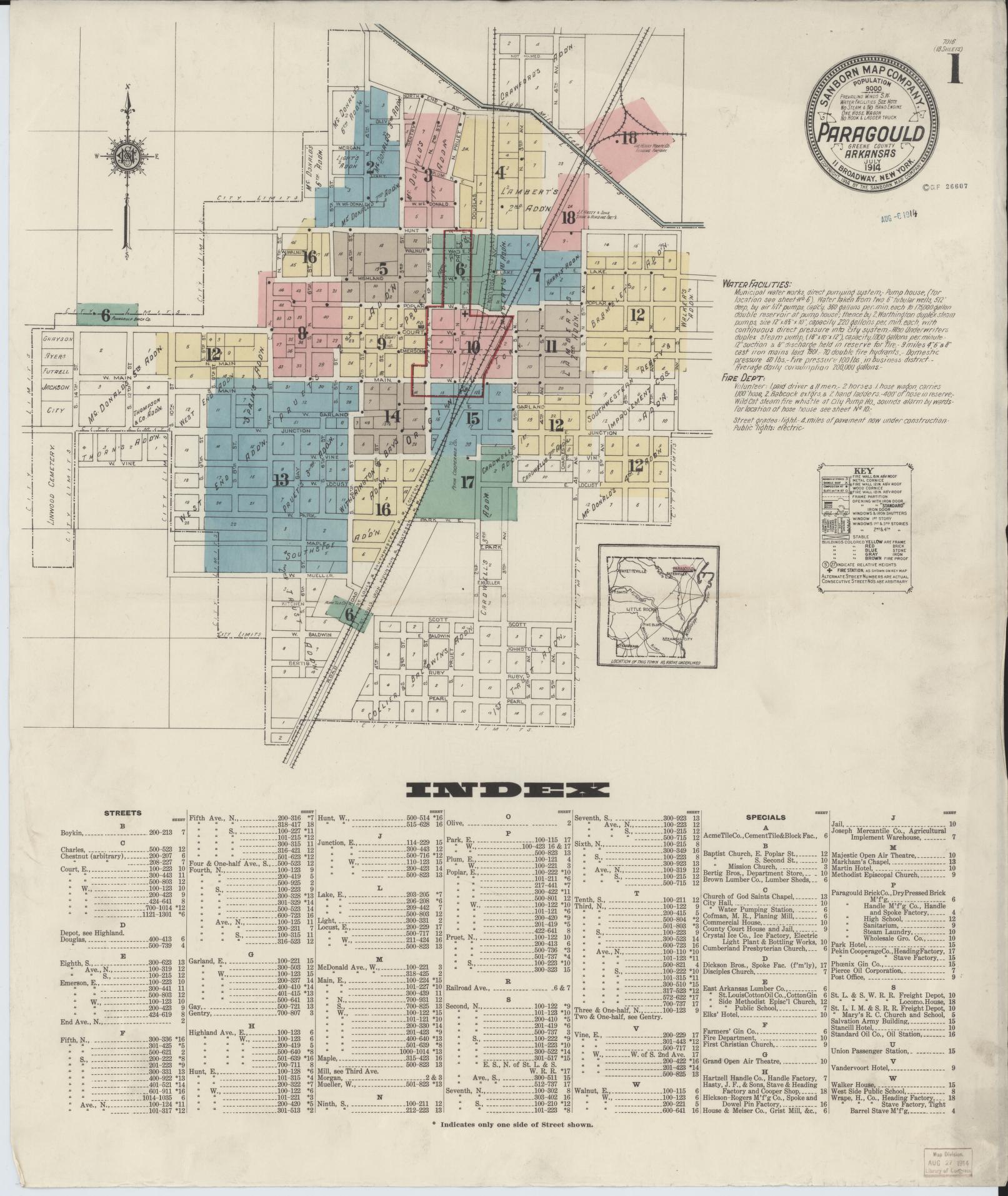 Sanborn Fire Insurance Map from Paragould, Greene County, Arkansas (1914), Sheet #0001 - Historic Sanborn Fire Insurance Map Print, vintage old map wall art, antique decor, genealogy gift, Arkansas Arkansas map