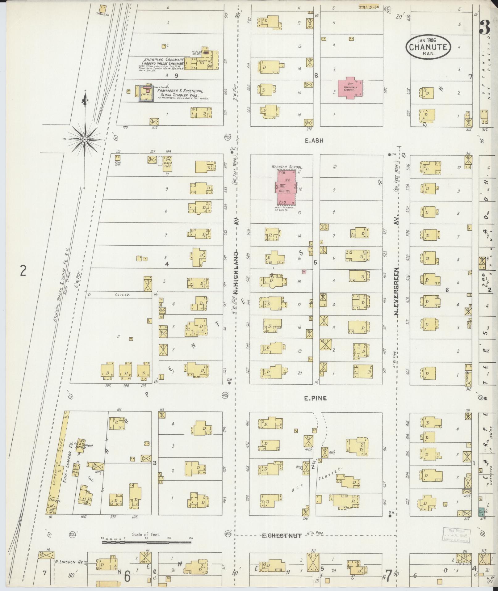 Sanborn Fire Insurance Map from Chanute, Neosho County, Kansas (1906), Sheet #0003 - Historic Sanborn Fire Insurance Map Print, vintage old map wall art, antique decor, genealogy gift, Kansas Kansas map