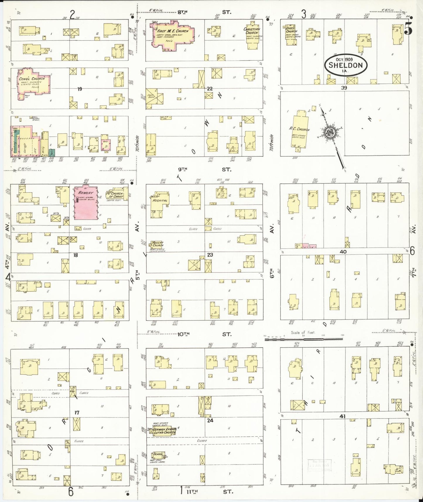 Sanborn Fire Insurance Map from Sheldon, O'Brien County, Iowa (1909), Sheet #0005 - Historic Sanborn Fire Insurance Map Print, vintage old map wall art