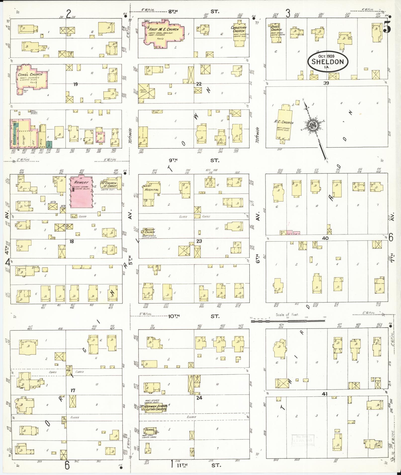 Sanborn Fire Insurance Map from Sheldon, O'Brien County, Iowa (1909), Sheet #0005 - Historic Sanborn Fire Insurance Map Print, vintage old map wall art