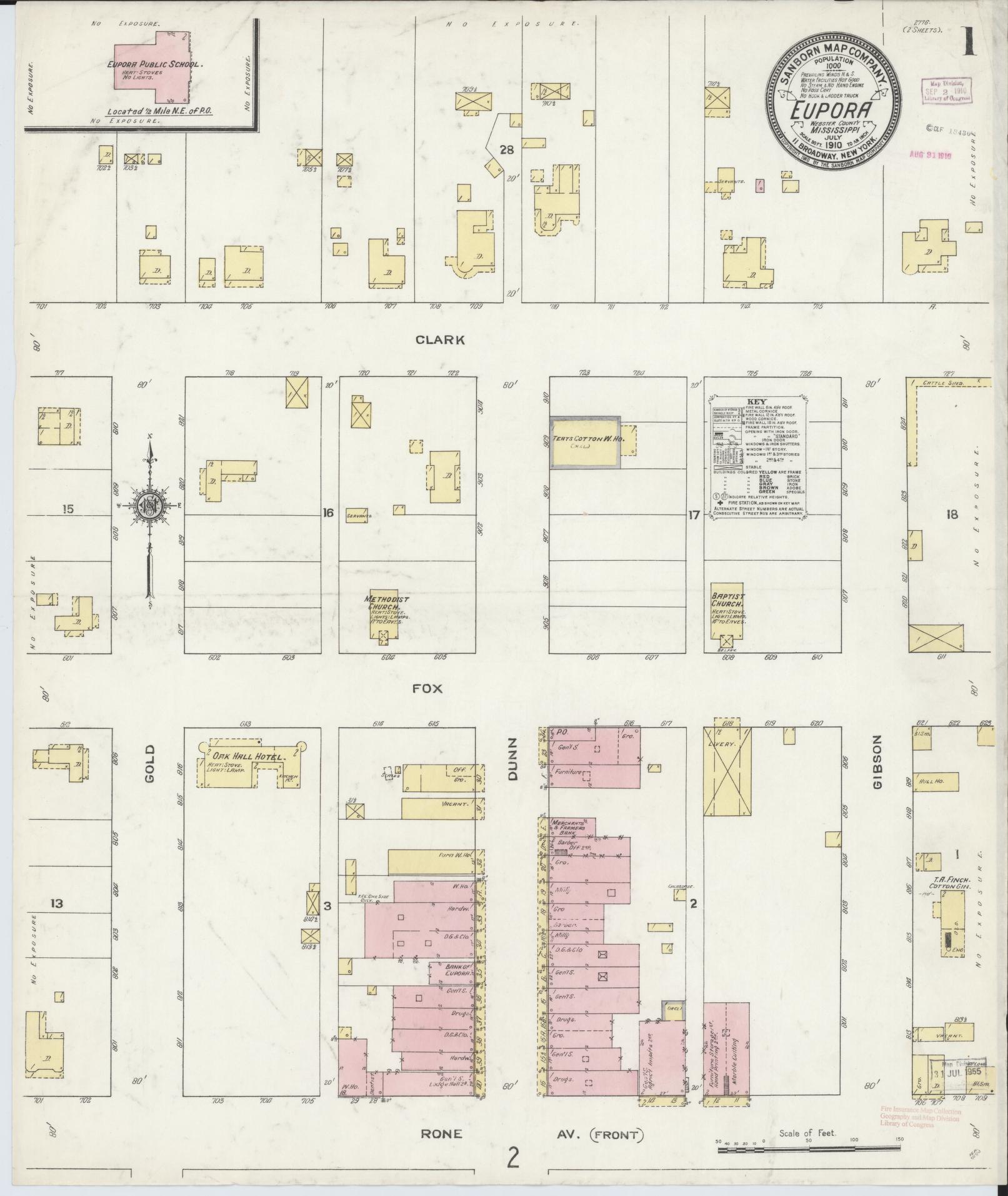Sanborn Fire Insurance Map from Eupora, Webster County, Mississippi (1910), Sheet #0001 - Complete Map Set gallery image, historic Sanborn map, vintage wall art, Mississippi Mississippi