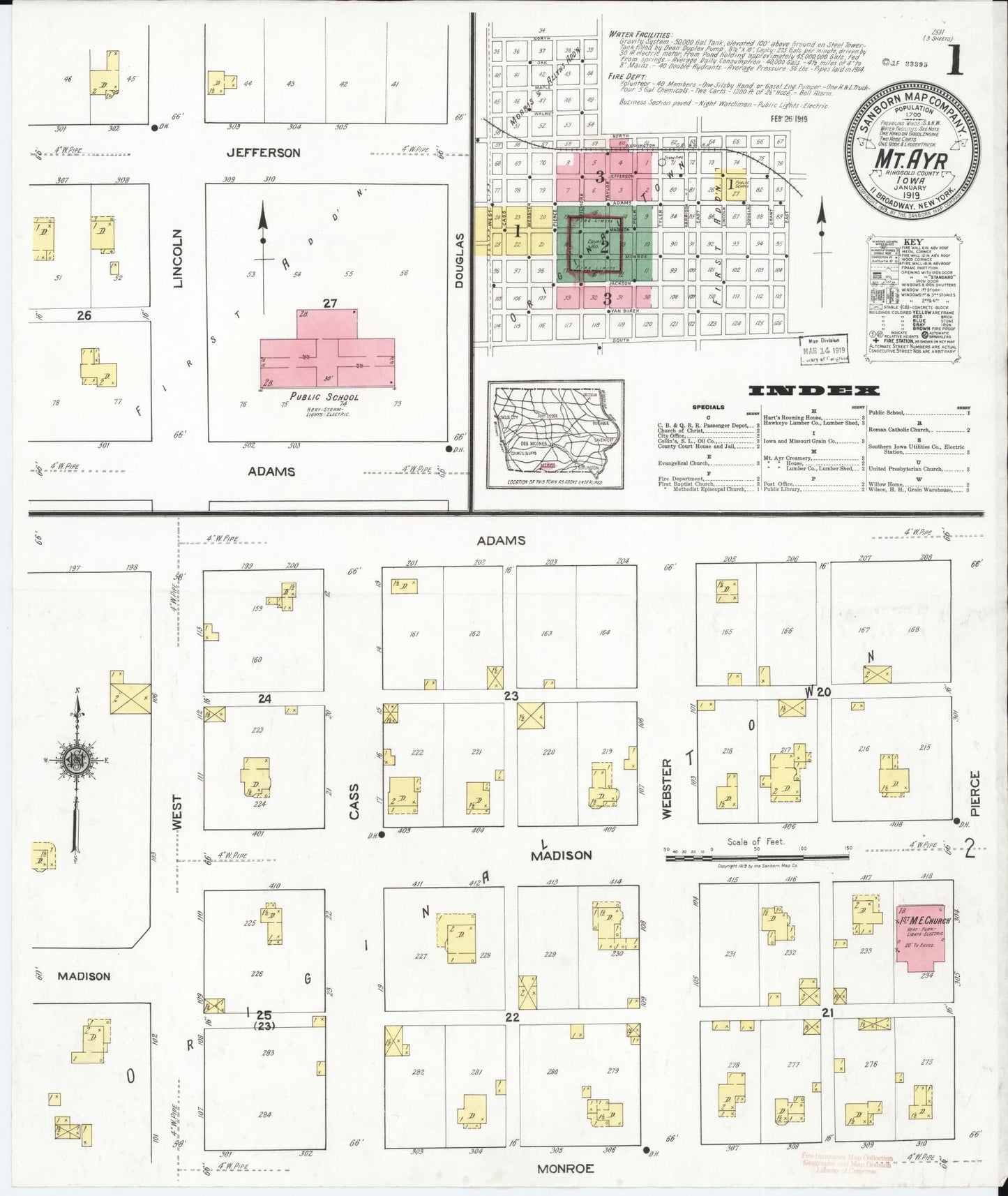 Sanborn Fire Insurance Map from Mount Ayr, Ringgold County, Iowa (1919), Sheet #0001 - Historic Sanborn Fire Insurance Map Print