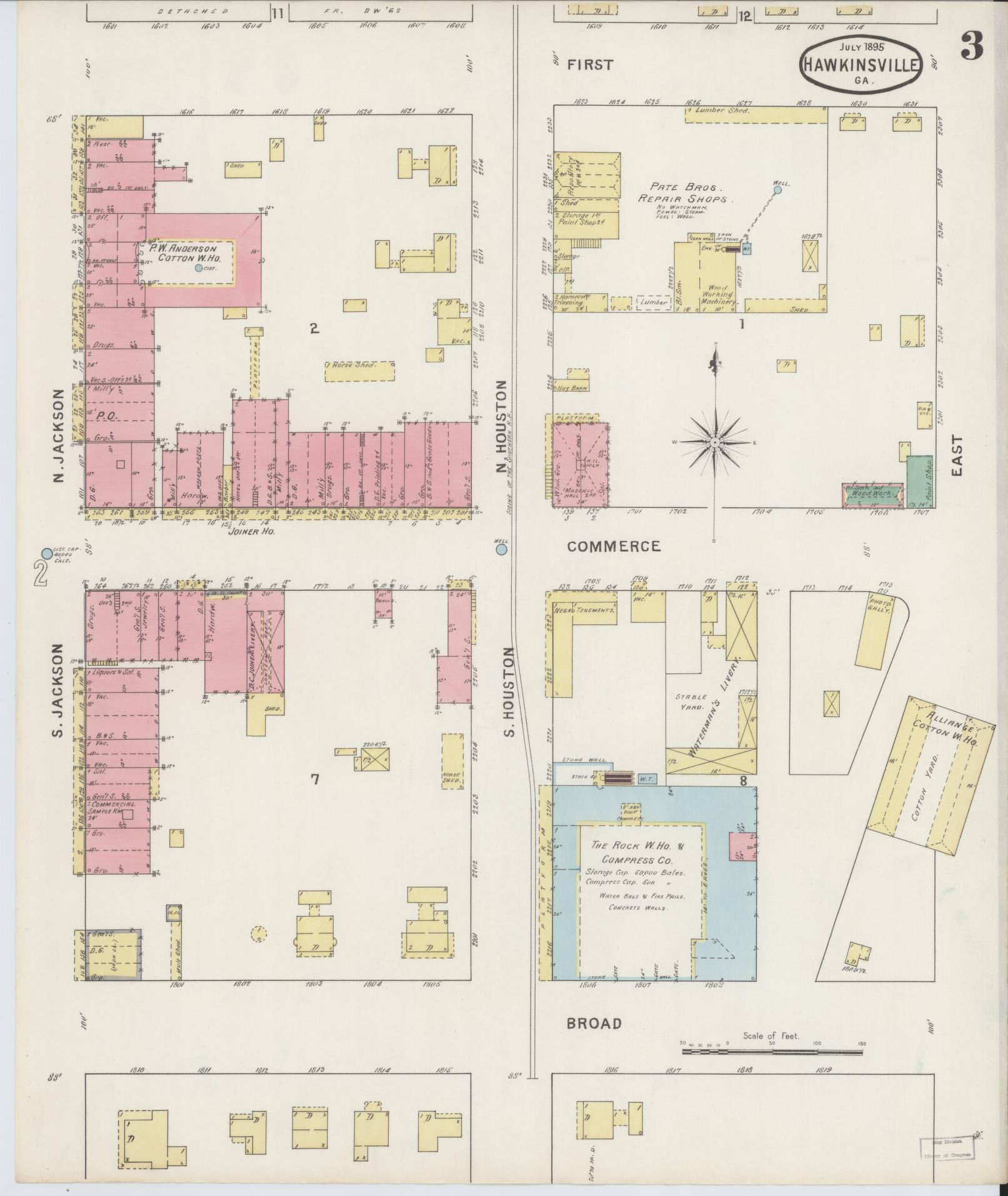 Sanborn Fire Insurance Map from Hawkinsville, Pulaski County, Georgia (1895), Sheet #0003 - Complete Map Set gallery image, historic Sanborn map, vintage wall art, Georgia Georgia