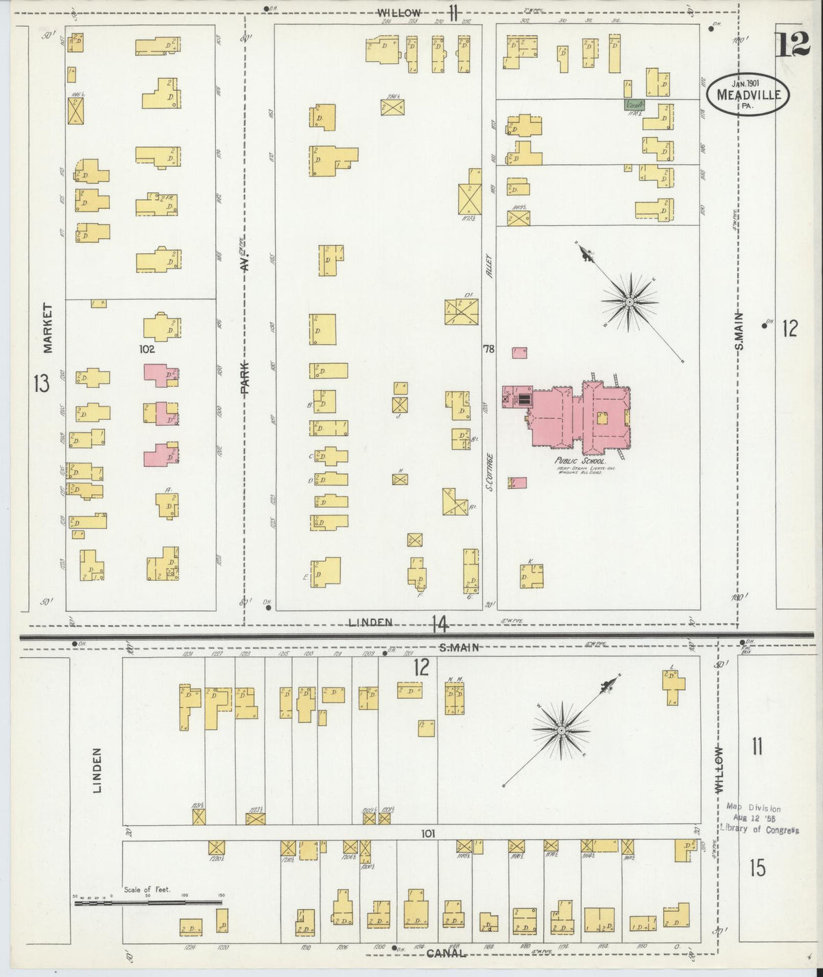Sanborn Fire Insurance Map from Meadville, Crawford County, Pennsylvania (1901), Sheet #0012 - Historic Sanborn Fire Insurance Map Print, vintage old map wall art, antique decor, genealogy gift, Pennsylvania Pennsylvania map