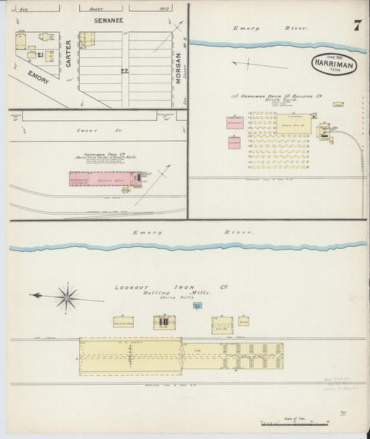 Sanborn Fire Insurance Map from Harriman, Roane County, Tennessee (1891), Sheet #0007 - Historic Sanborn Fire Insurance Map Print, vintage old map wall art, antique decor, genealogy gift, Tennessee Tennessee map