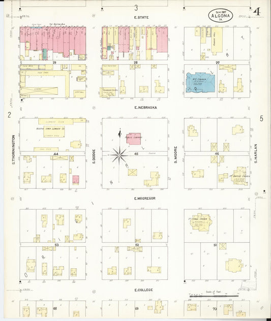Sanborn Fire Insurance Map from Algona, Kossuth County, Iowa (1907), Sheet #0004 - Historic Sanborn Fire Insurance Map Print, vintage old map wall art