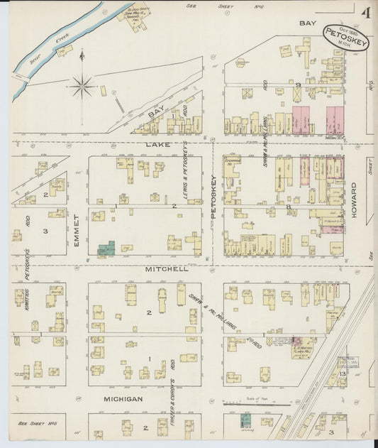 Sanborn Fire Insurance Map from Petoskey, Emmet County, Michigan (1885), Sheet #0004 - Historic Sanborn Fire Insurance Map Print, vintage old map wall art, antique decor, genealogy gift, Michigan Michigan map