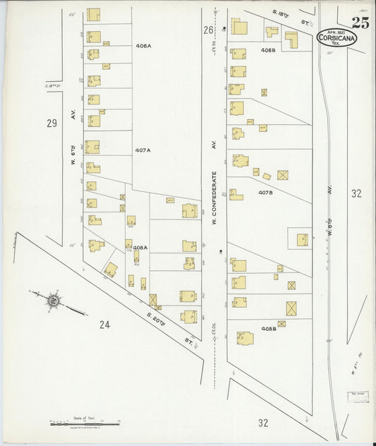 Sanborn Fire Insurance Map from Corsicana, Navarro County, Texas (1921), Sheet #0025 - Historic Sanborn Fire Insurance Map Print, vintage old map wall art, antique decor, genealogy gift, Texas Texas map
