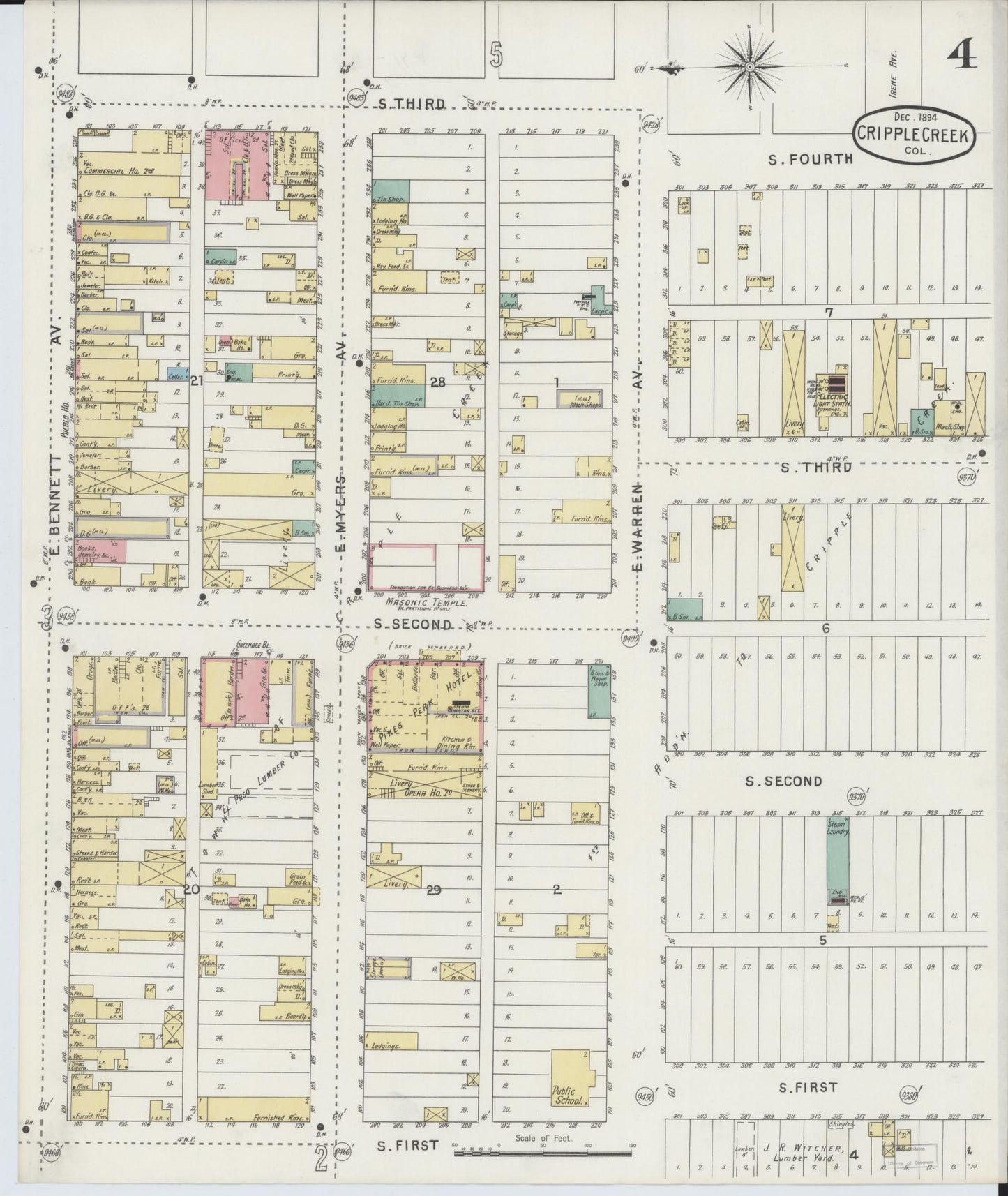 Sanborn Fire Insurance Map from Cripple Creek, Teller County, Colorado (1894), Sheet #0004 - Historic Sanborn Fire Insurance Map Print, vintage old map wall art, antique decor, genealogy gift, Colorado Colorado map