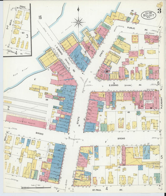 Sanborn Fire Insurance Map from Beloit, Rock County, Wisconsin (1908), Sheet #0003 - Historic Sanborn Fire Insurance Map Print, vintage old map wall art, antique decor, genealogy gift, Wisconsin Wisconsin map