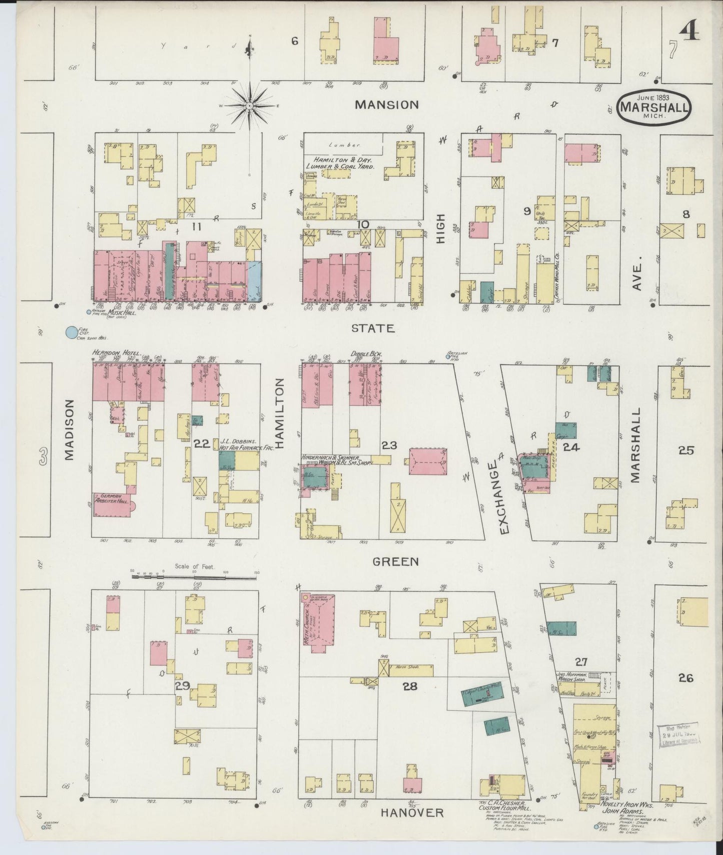 Sanborn Fire Insurance Map from Marshall, Calhoun County, Michigan (1893), Sheet #0004 - Historic Sanborn Fire Insurance Map Print, vintage old map wall art, antique decor, genealogy gift, Michigan Michigan map