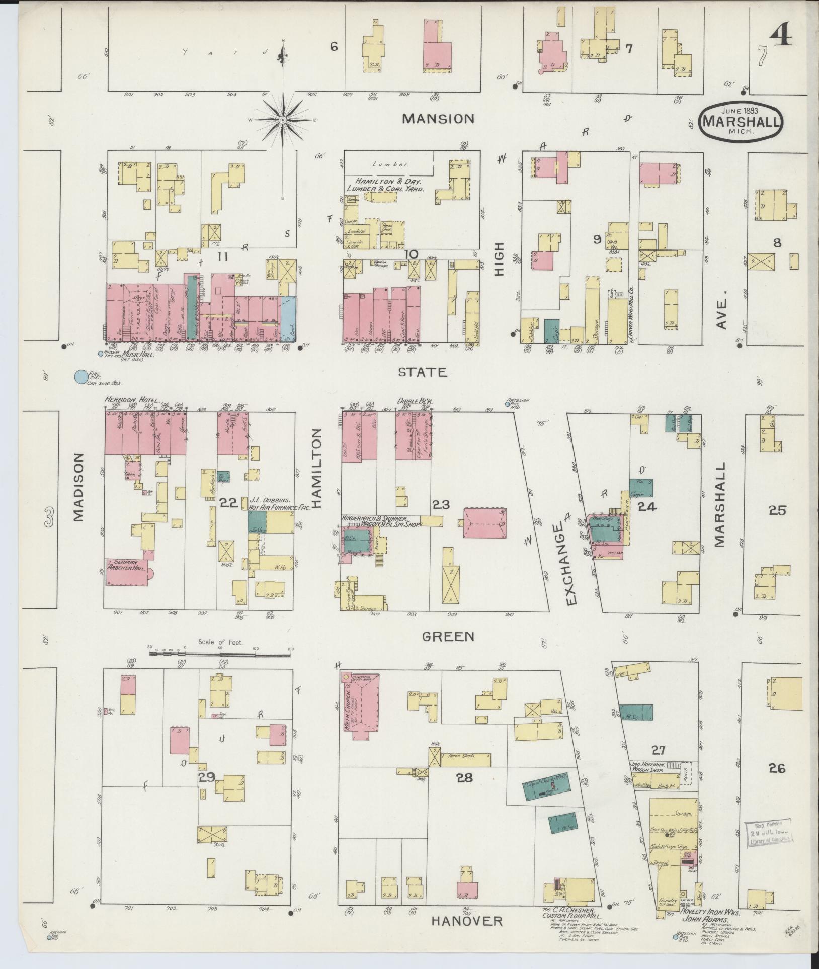 Sanborn Fire Insurance Map from Marshall, Calhoun County, Michigan (1893), Sheet #0004 - Historic Sanborn Fire Insurance Map Print, vintage old map wall art, antique decor, genealogy gift, Michigan Michigan map