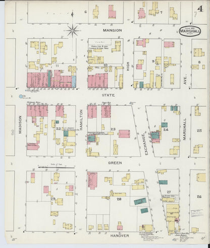 Sanborn Fire Insurance Map from Marshall, Calhoun County, Michigan (1893), Sheet #0004 - Historic Sanborn Fire Insurance Map Print, vintage old map wall art, antique decor, genealogy gift, Michigan Michigan map