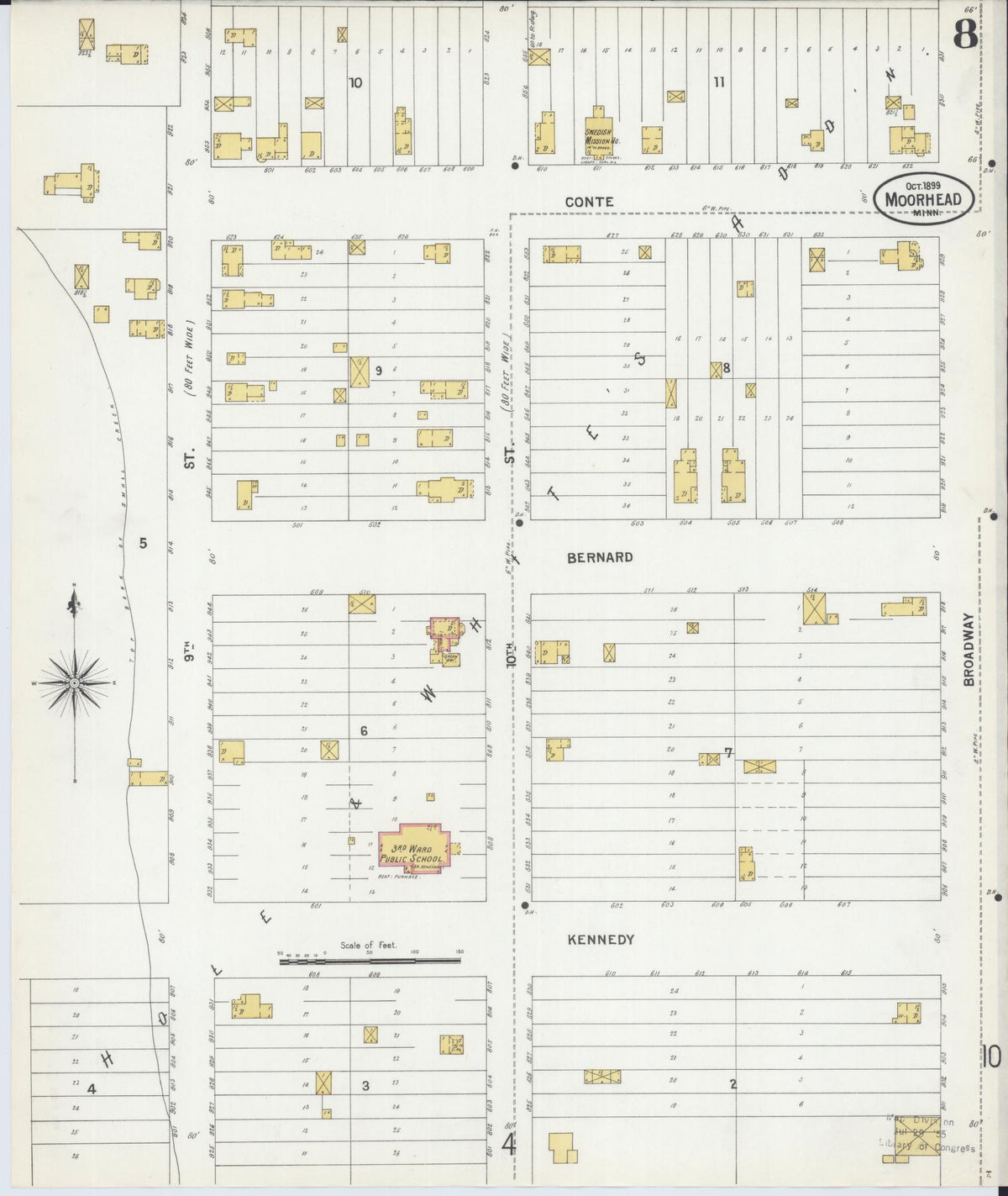 Sanborn Fire Insurance Map from Moorhead, Clay County, Minnesota (1899), Sheet #0008 - Historic Sanborn Fire Insurance Map Print, vintage old map wall art, antique decor, genealogy gift, Minnesota Minnesota map