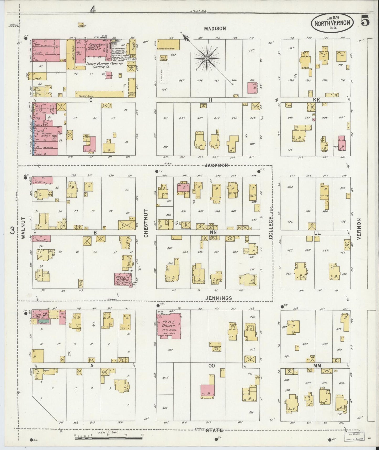 Sanborn Fire Insurance Map from North Vernon, Jennings County, Indiana (1899), Sheet #0005 - Complete Map Set gallery image, historic Sanborn map, vintage wall art, Indiana Indiana
