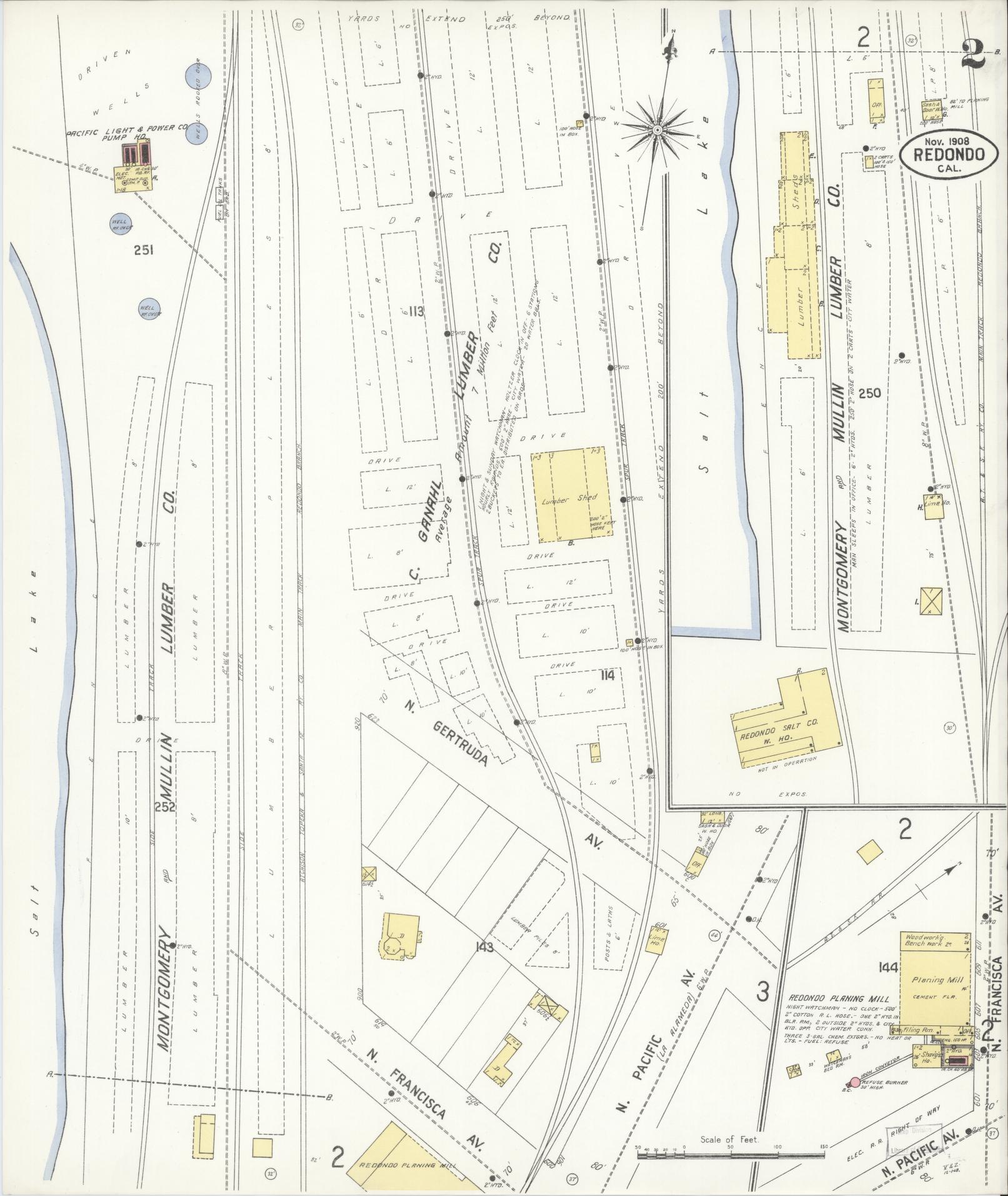 Sanborn Fire Insurance Map from Redondo Beach, Los Angeles County, California (1908), Sheet #0002 - Complete Map Set gallery image, historic Sanborn map, vintage wall art, California California