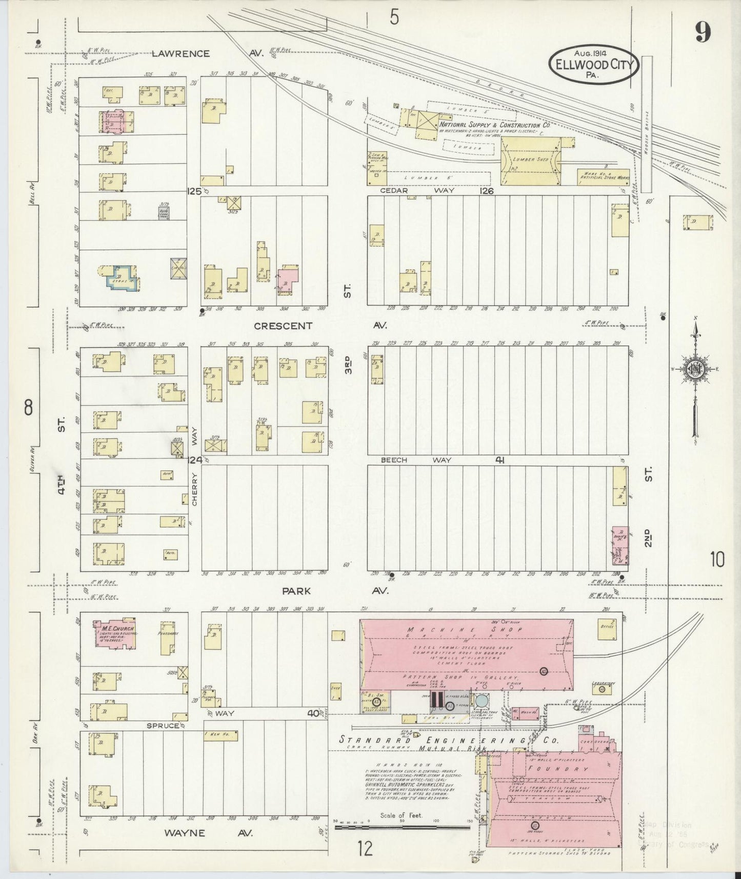 Sanborn Fire Insurance Map from Ellwood City, Lawrence County, Pennsylvania (1914), Sheet #0009 - Historic Sanborn Fire Insurance Map Print, vintage old map wall art, antique decor, genealogy gift, Pennsylvania Pennsylvania map