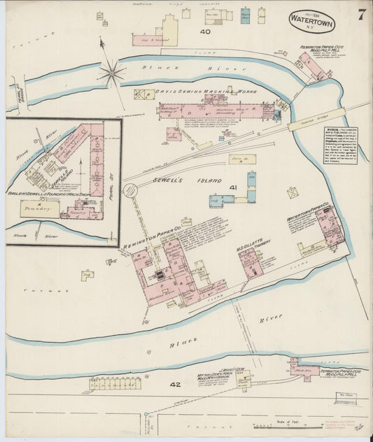 Sanborn Fire Insurance Map from Watertown, Jefferson County, New York (1884), Sheet #0007 - Historic Sanborn Fire Insurance Map Print, vintage old map wall art, antique decor, genealogy gift, New York New York map